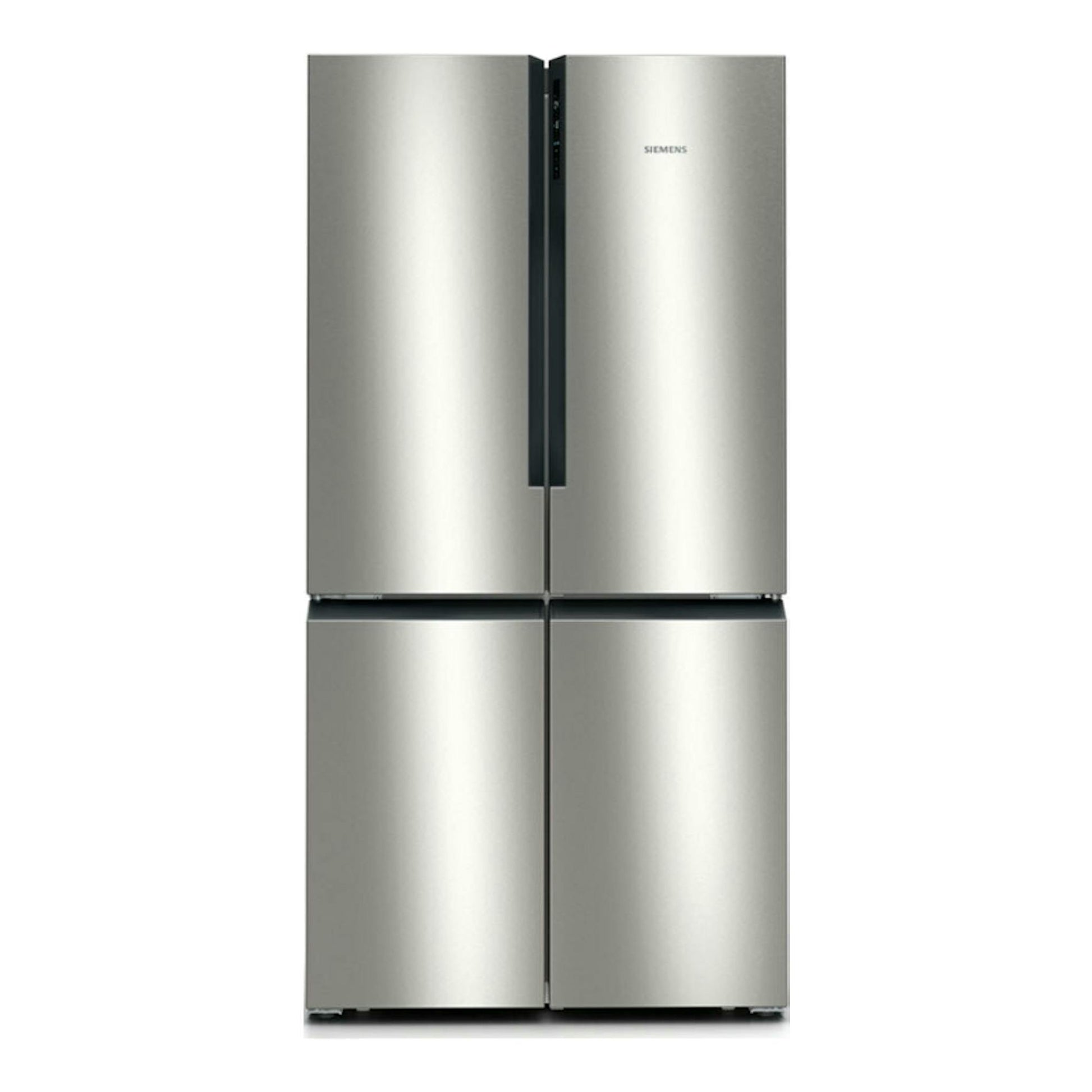 Frigorífico americano Siemens KF96NVPEA inox, vista frontal, cuatro puertas y acabado plateado.