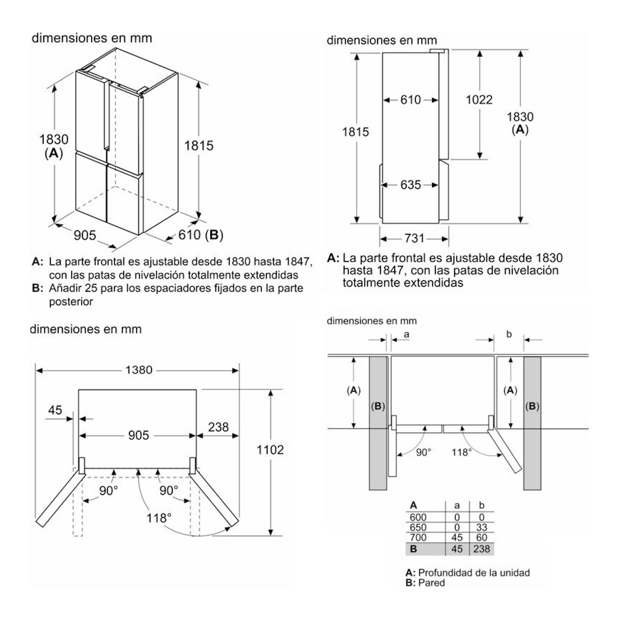 Siemens KF96NVPEA, diagrama técnico en blanco y negro con vistas y medidas de un frigorífico americano.
