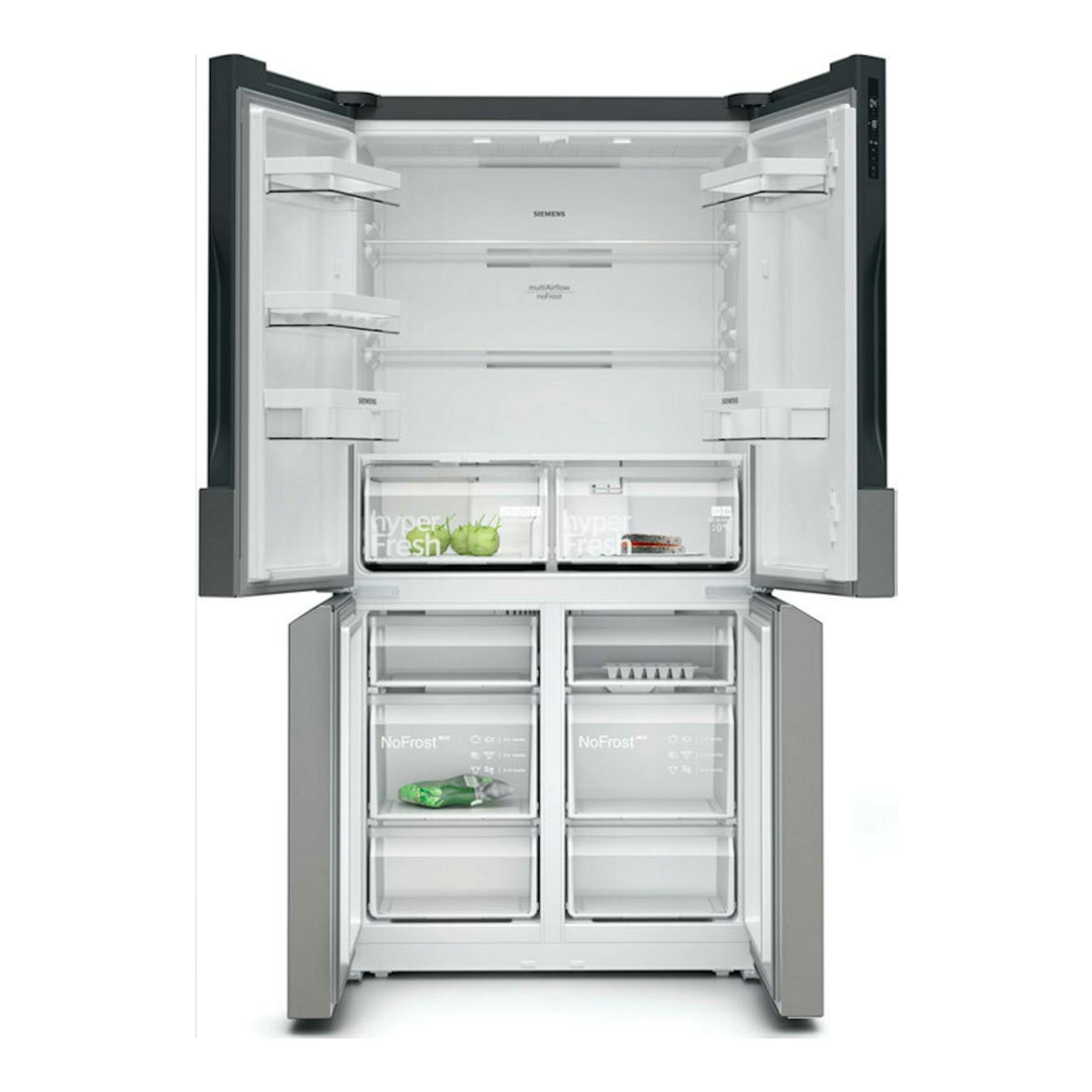 Frigorífico americano Siemens KF96NVPEA inox, vista frontal con puertas abiertas y compartimentos visibles.