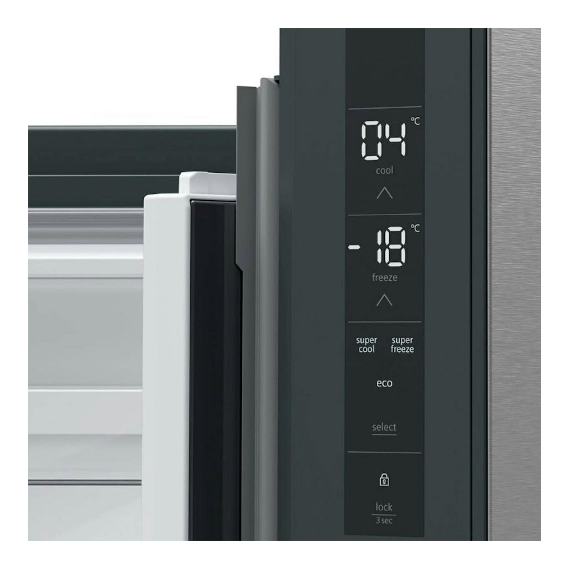 Frigorífico americano Siemens KF96NVPEA inox, vista frontal parcial con panel digital y puerta abierta.