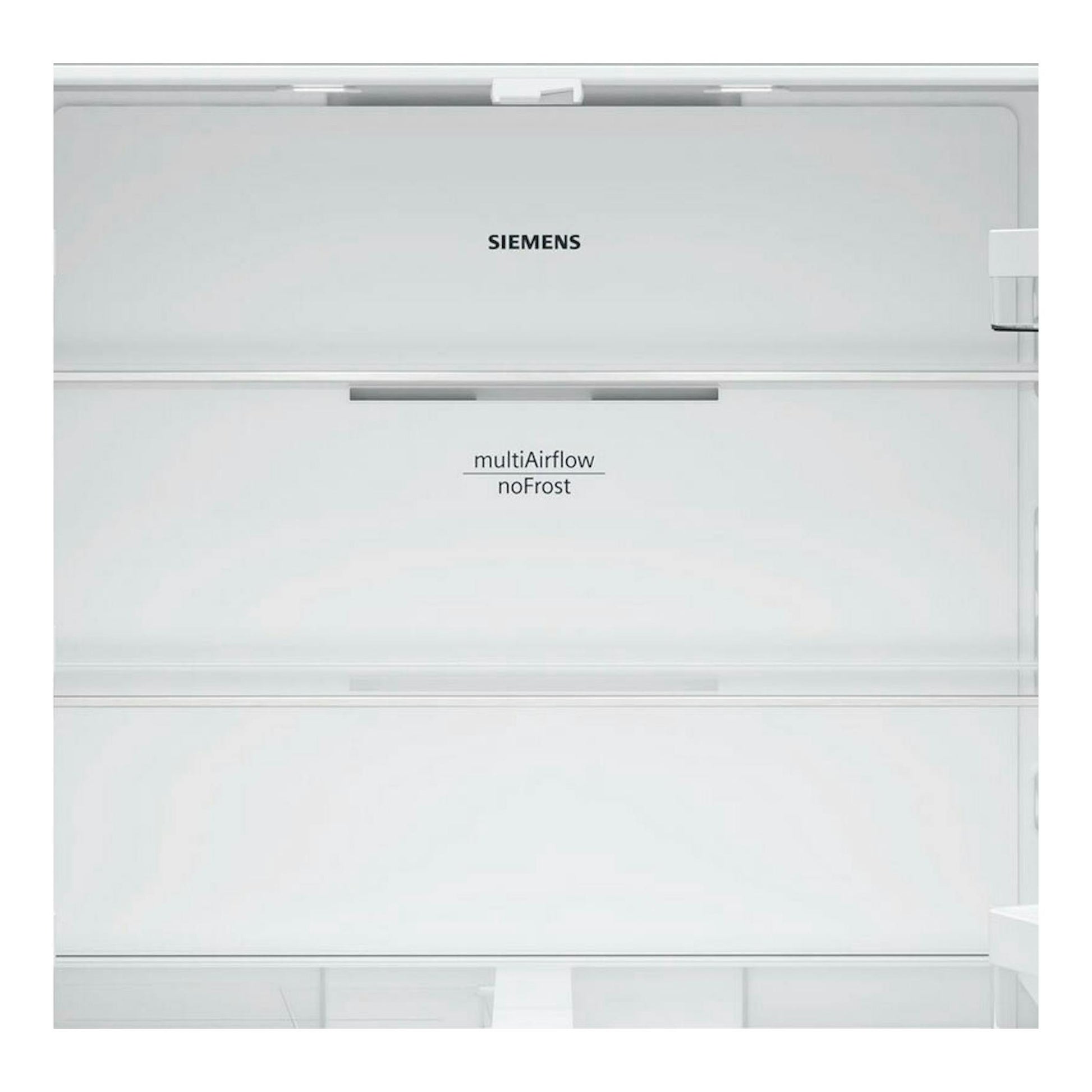 Frigorífico Siemens blanco, vista frontal del interior con texto multiAirflow noFrost.