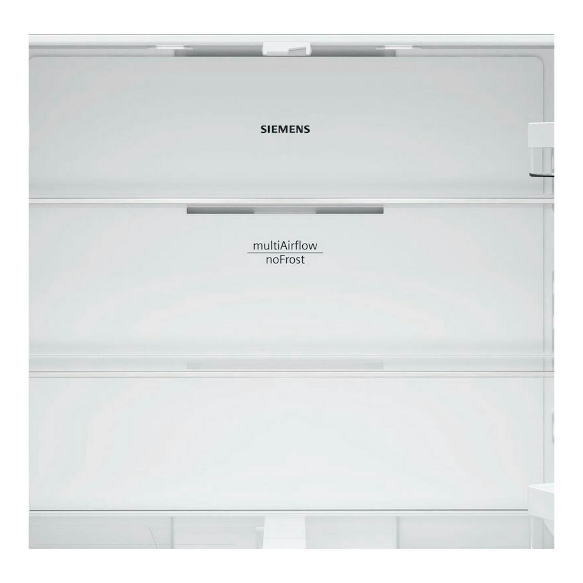 Frigorífico Siemens blanco, vista frontal del interior con texto multiAirflow noFrost.