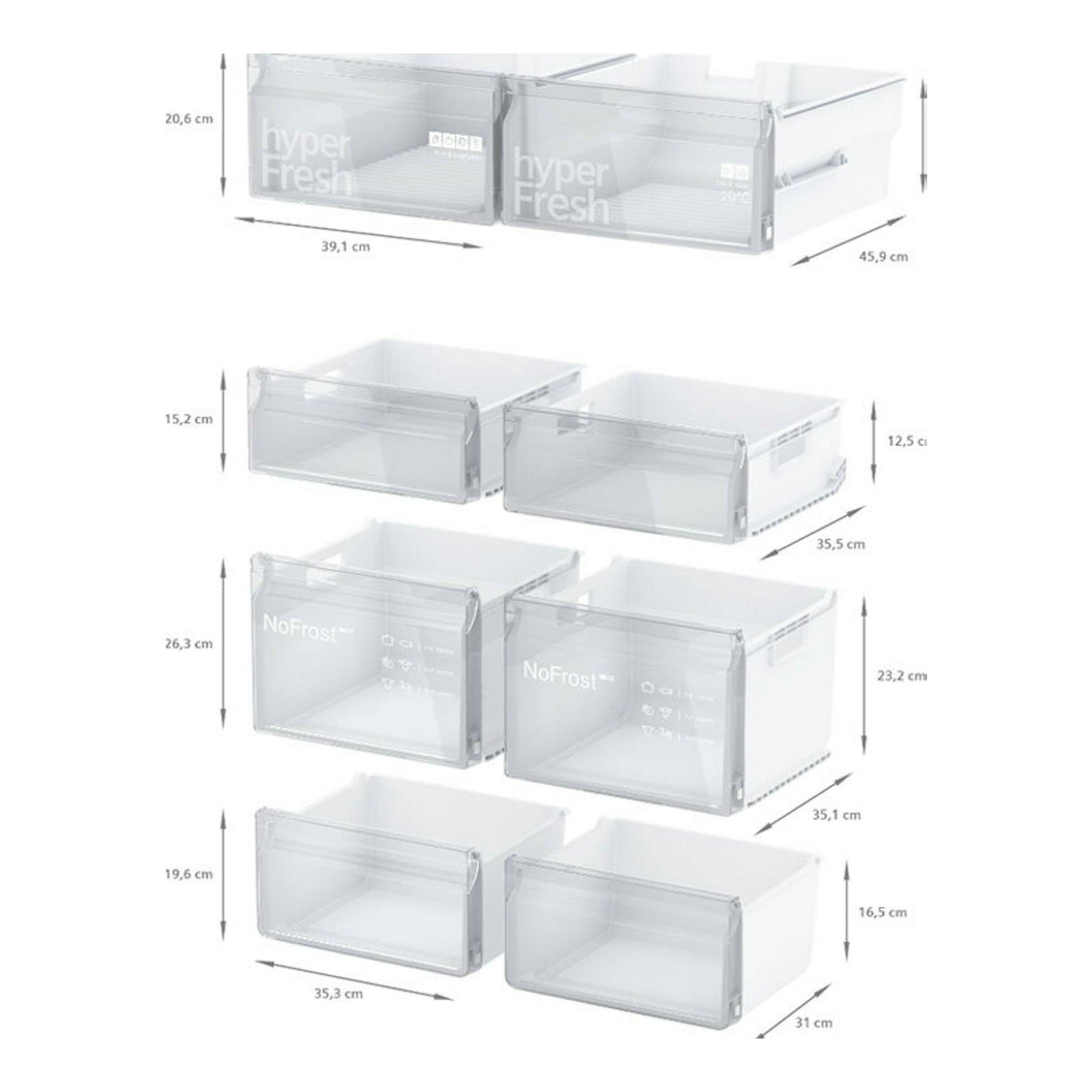 Siemens KF96NVPEA: cajones transparentes del frigorífico, vistos en frontal y lateral, con medidas.