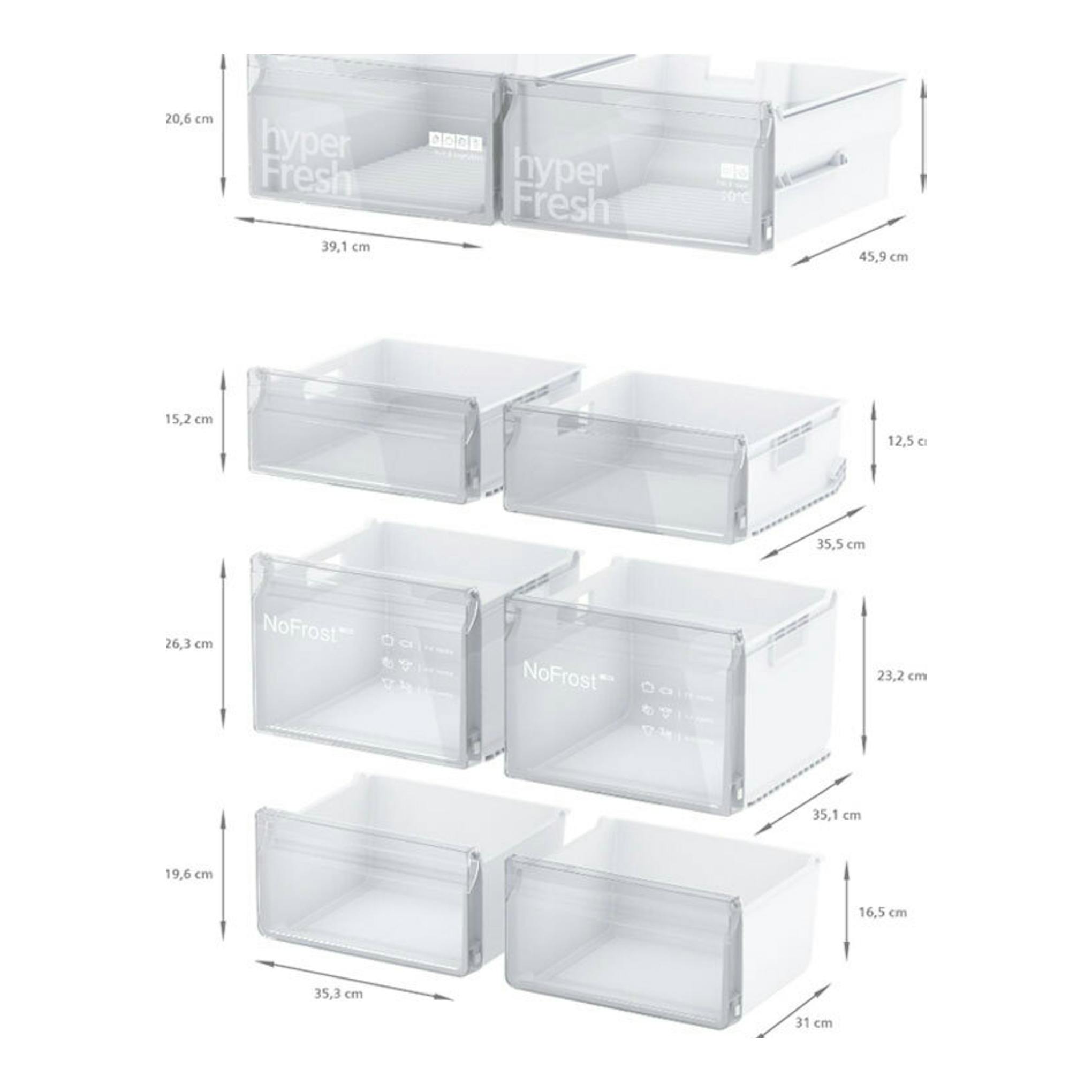 Siemens KF96NVPEA: cajones transparentes del frigorífico, vistos en frontal y lateral, con medidas.