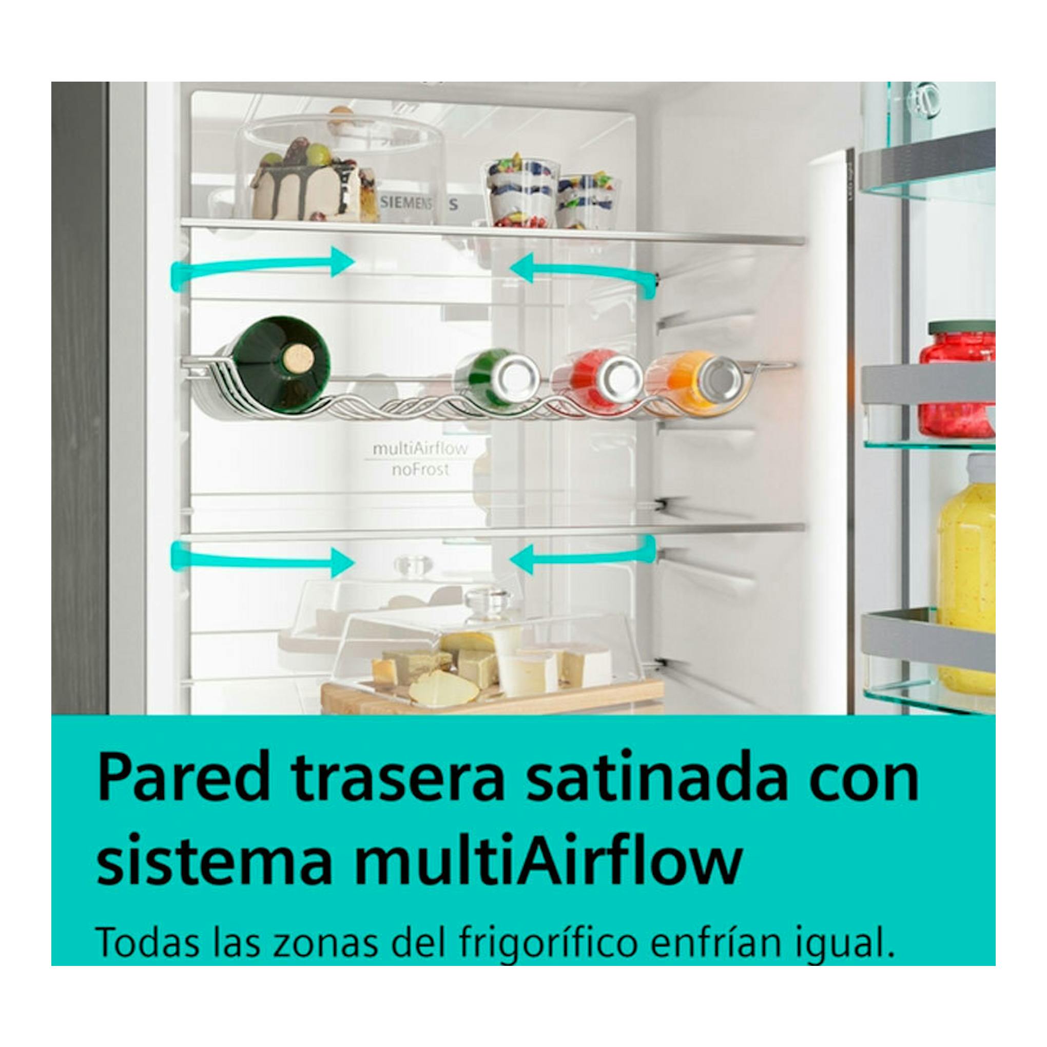 Interior frontal de frigorífico Siemens KF96NVPEA inox, con estantes, botellas y flechas de multiAirflow.