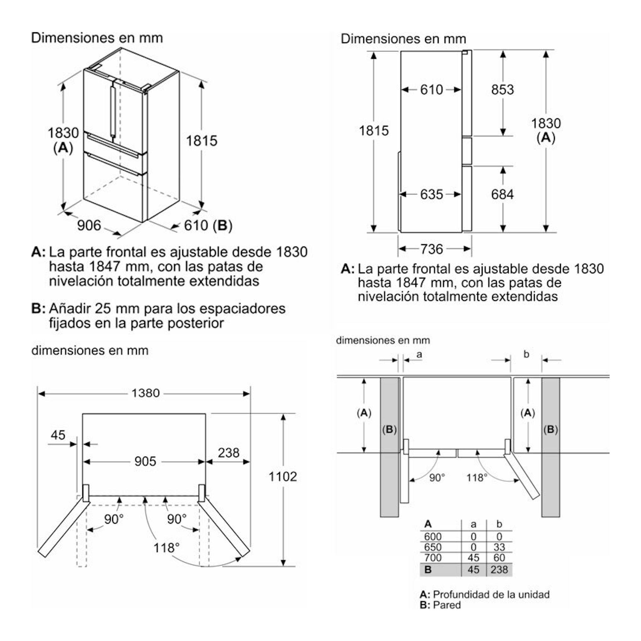Diagrama técnico de dimensiones del frigorífico americano Siemens KF96RSBEA negro, vistas frontal, lateral y superior.