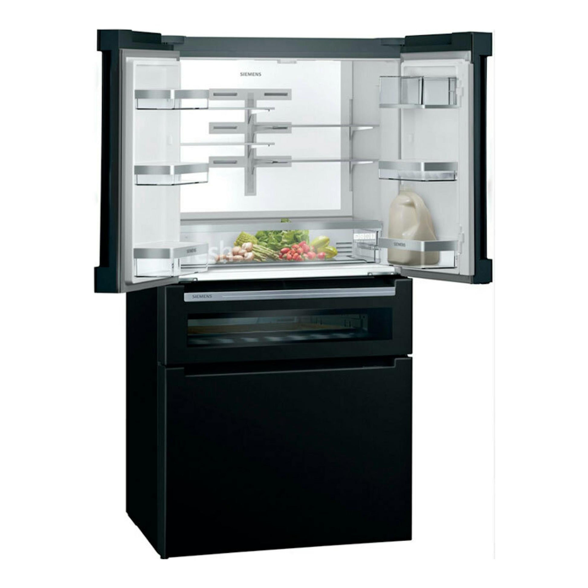 Frigorífico americano Siemens KF96RSBEA negro, vista frontal con puertas abiertas.