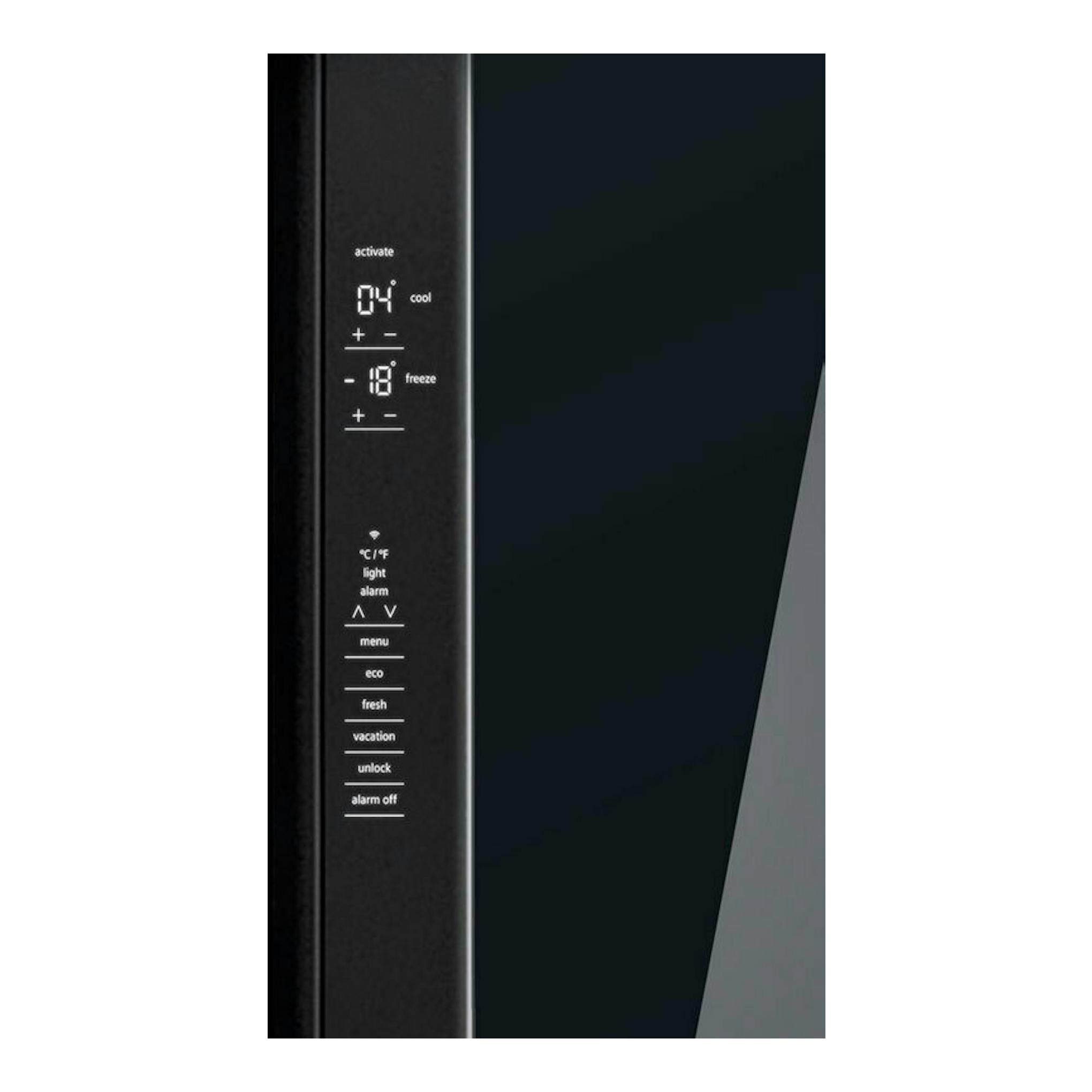 Frigorífico americano Siemens KF96RSBEA negro, vista frontal del panel táctil digital iluminado.