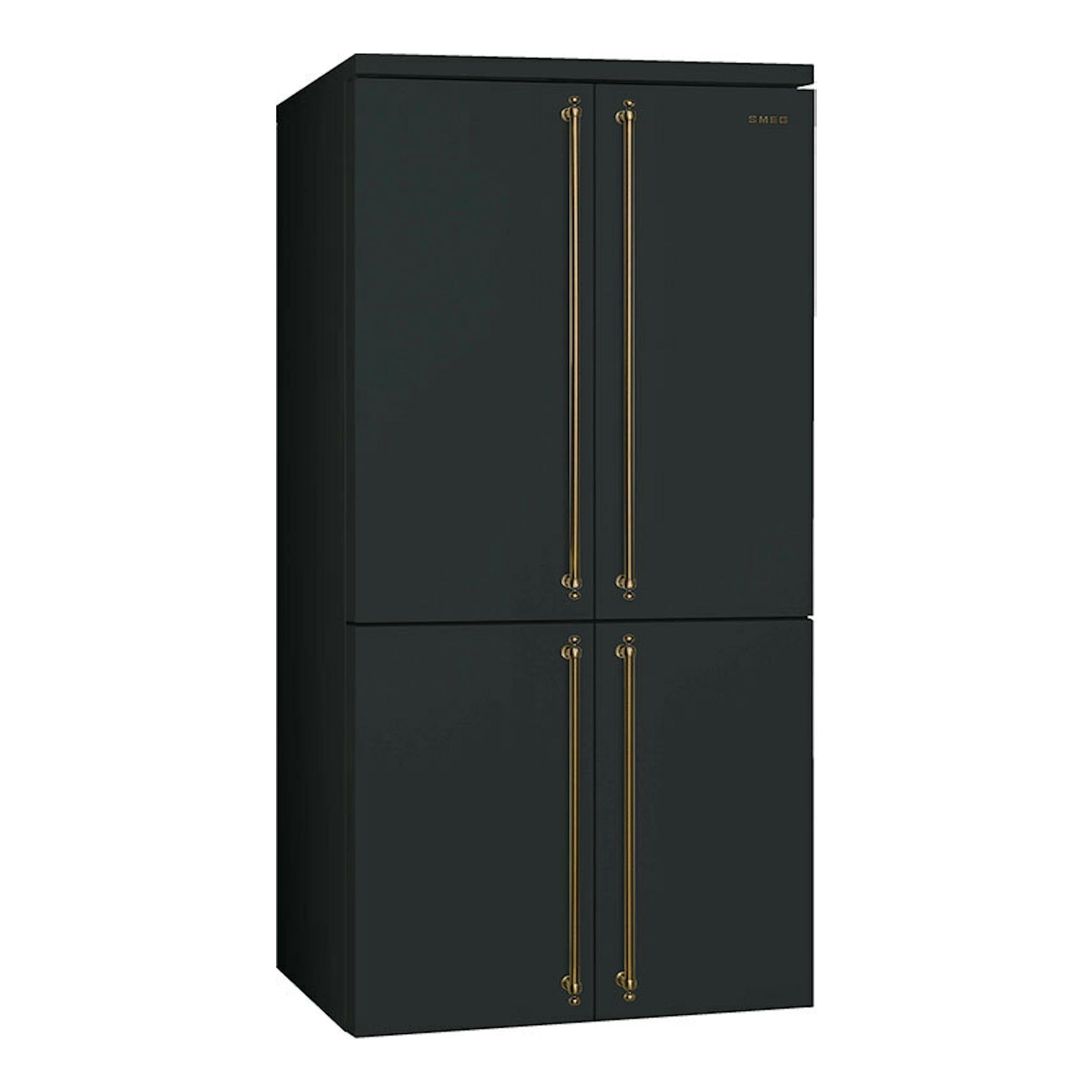 Frigorífico americano Smeg FQ60CAO6 gris antracita, vista frontal, cuatro puertas y tiradores dorados.