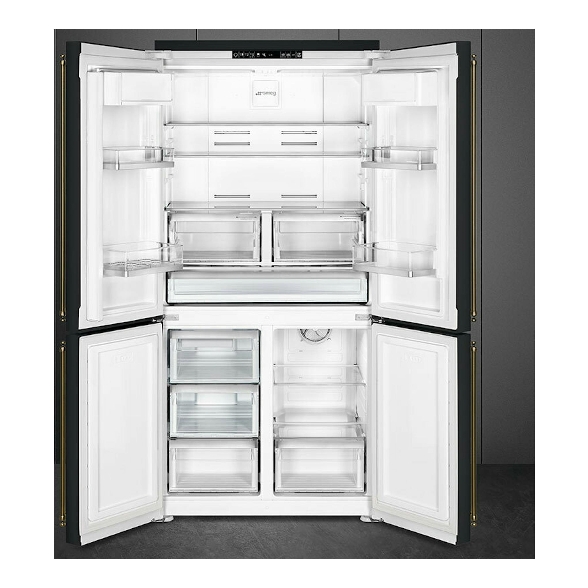 Frigorífico americano Smeg FQ60CAO6 gris antracita, vista frontal con cuatro puertas abiertas e interior blanco.