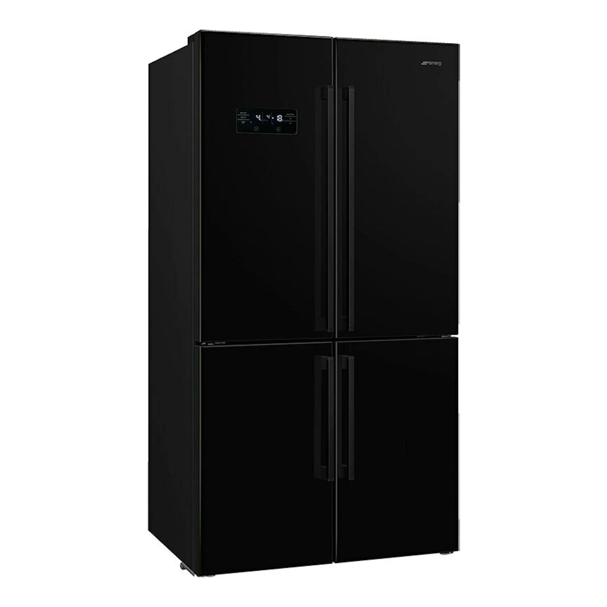 Frigorífico americano Smeg FQ60NDE negro, vista frontal de cuatro puertas con panel digital.