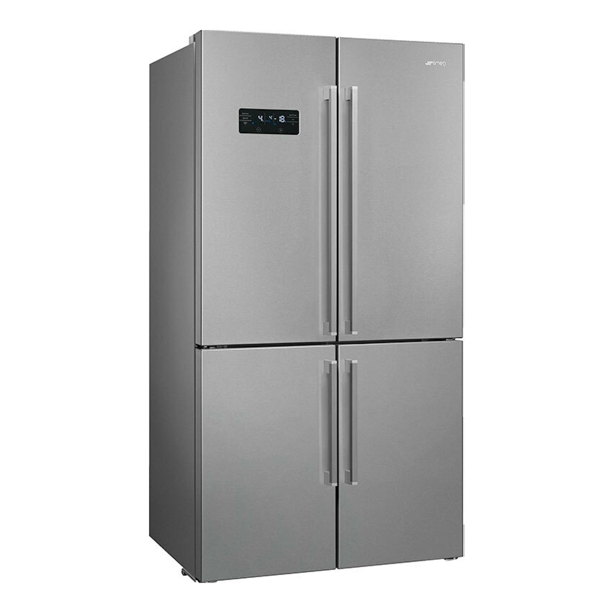 Frigorífico americano Smeg FQ60XDE inox, vista frontal, cuatro puertas y panel de control.