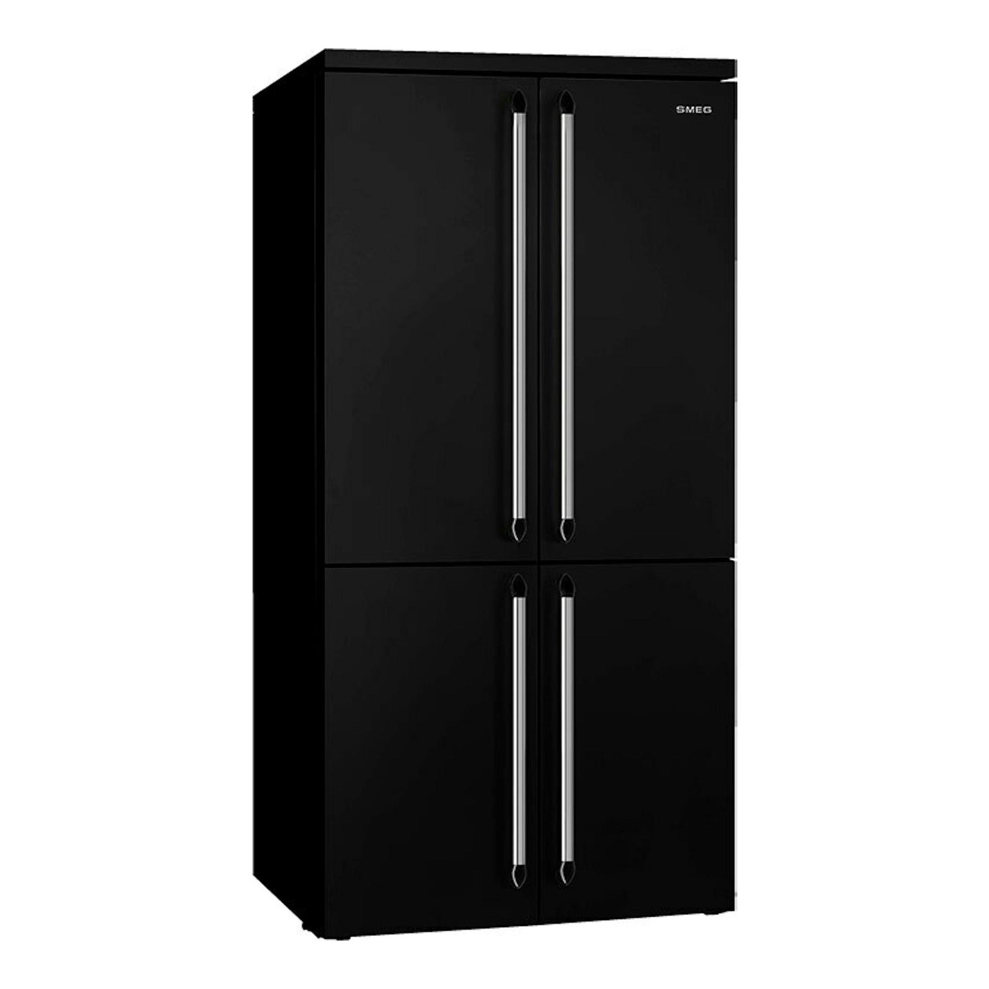 Frigorífico americano Smeg FQ960BL6 negro, vista frontal, con cuatro puertas y tiradores metálicos.