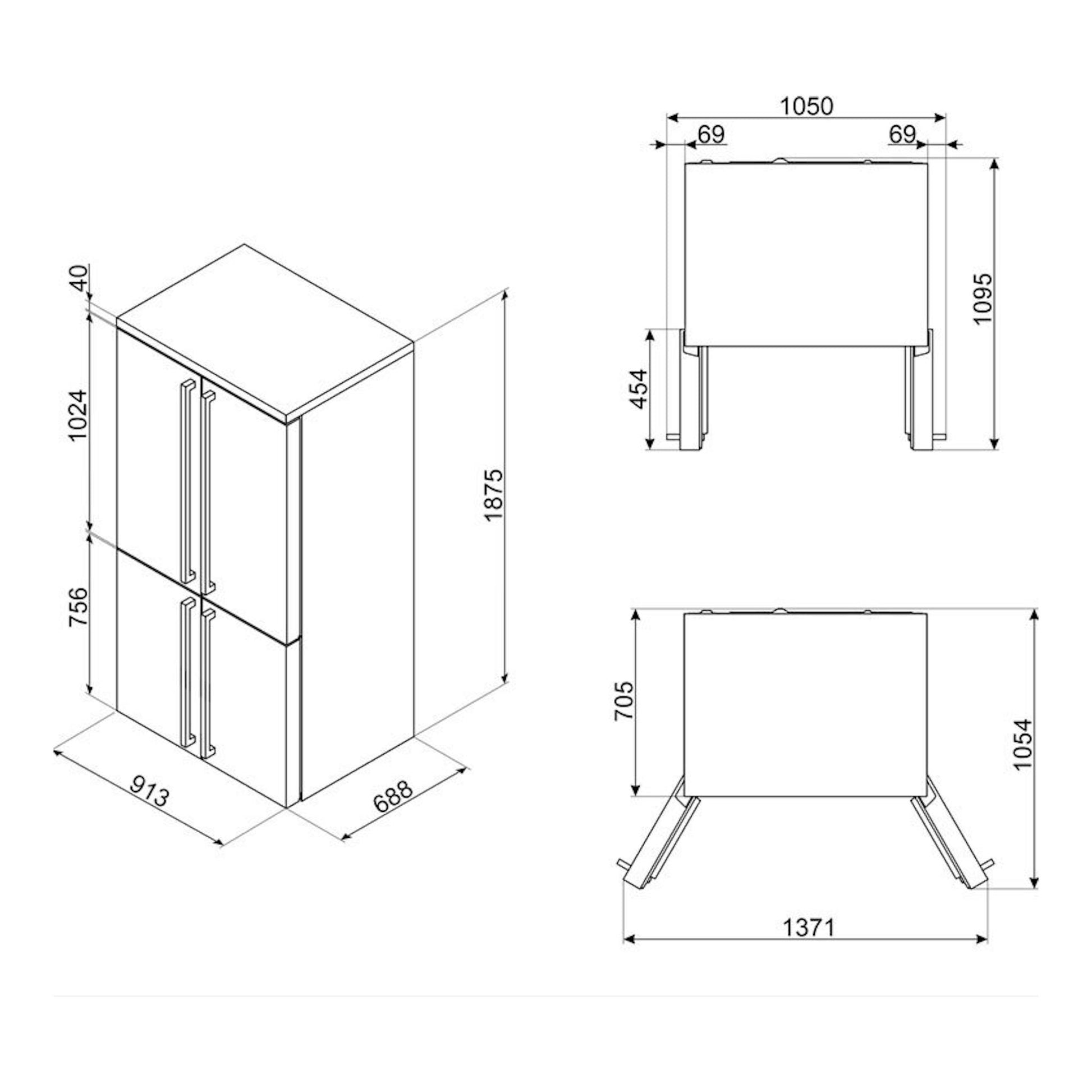 Smeg FQ960P6: dibujo técnico de frigorífico americano en vista isométrica y frontal, con medidas.