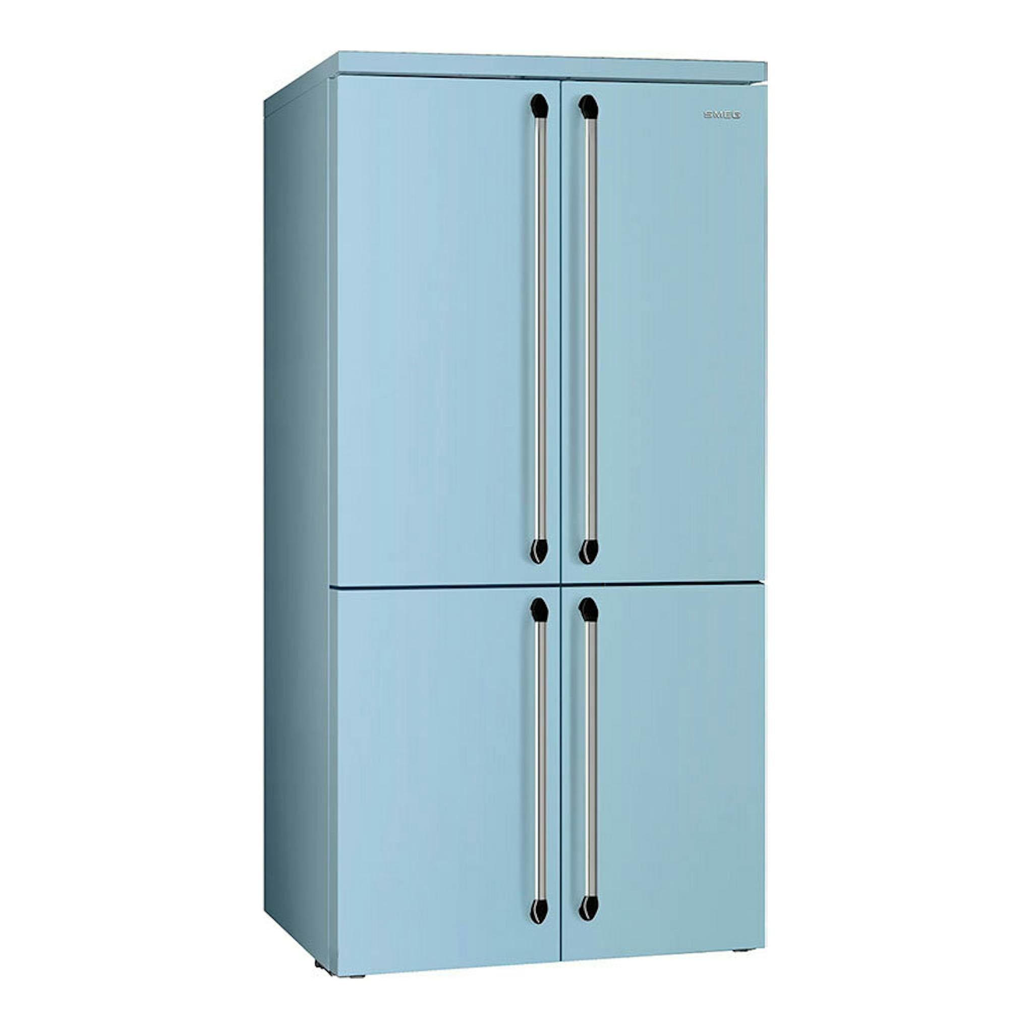 Frigorífico americano Smeg FQ960PB6 azul claro, vista frontal de cuatro puertas.