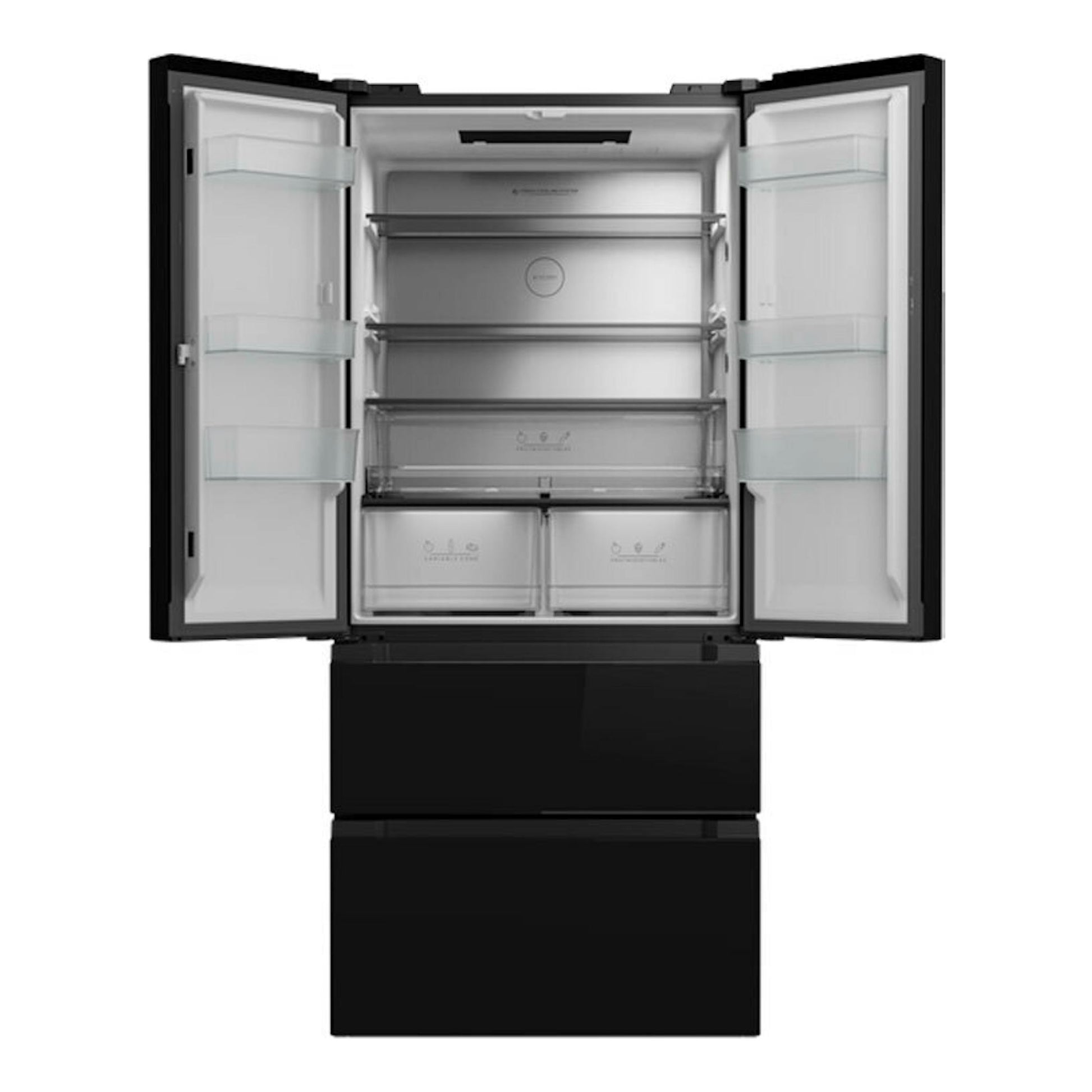 Frigorífico americano Teka RFD77825 en cristal negro, vista frontal con puertas abiertas y compartimentos interiores.