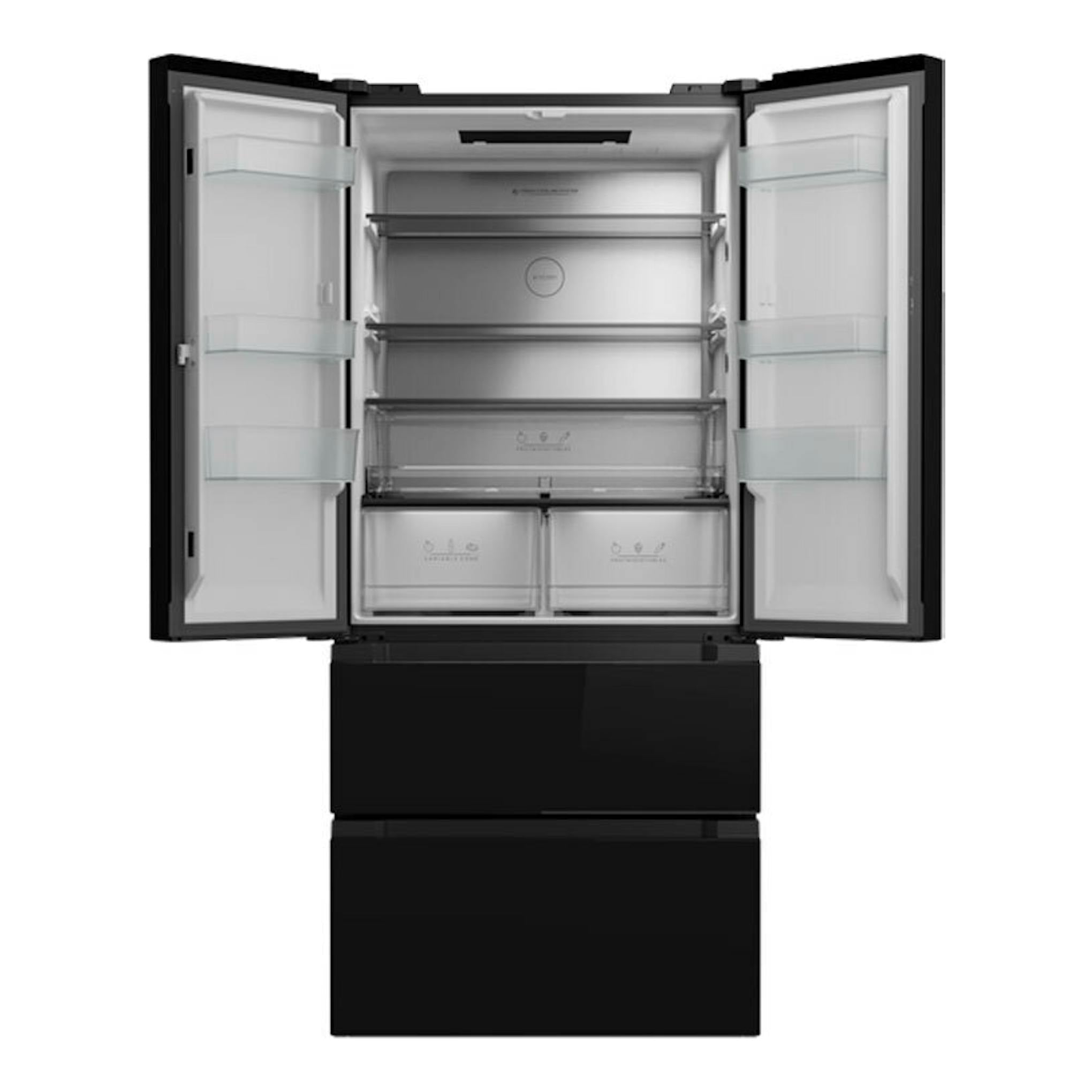 Frigorífico americano Teka RFD77825 en cristal negro, vista frontal con puertas abiertas y compartimentos interiores.