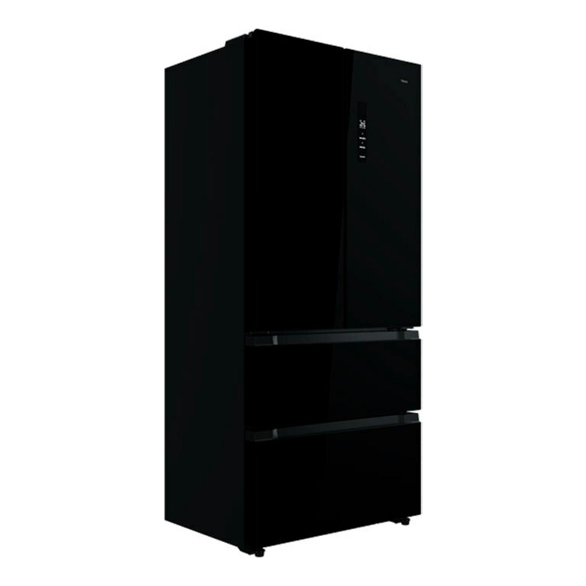 Frigorífico americano Teka RFD77825 de cristal negro, visto en ángulo frontal derecho.