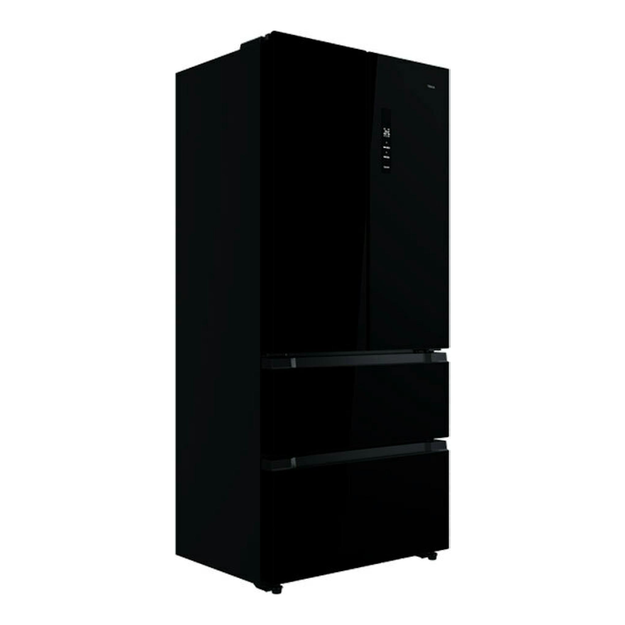 Frigorífico americano Teka RFD77825 de cristal negro, visto en ángulo frontal derecho.
