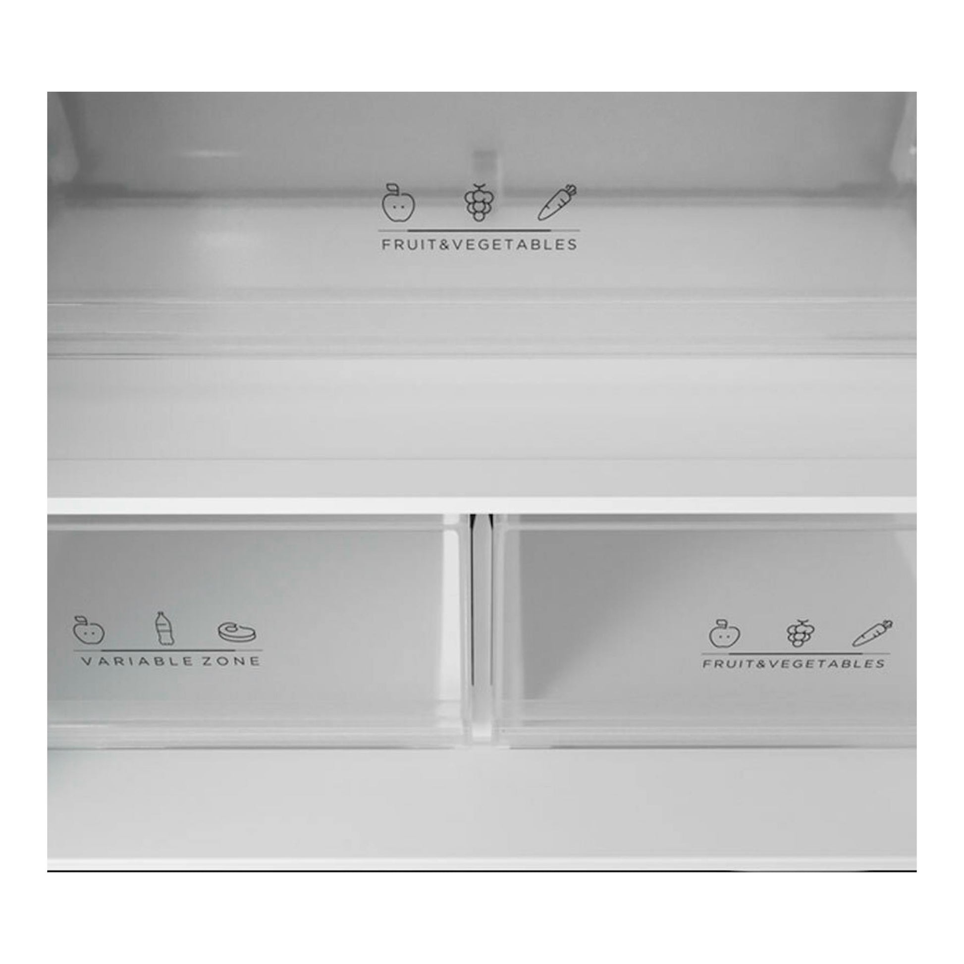 Vista frontal del interior de frigorífico americano Teka RFD77825, con cajones blancos y zonas Fruit&Vegetables.