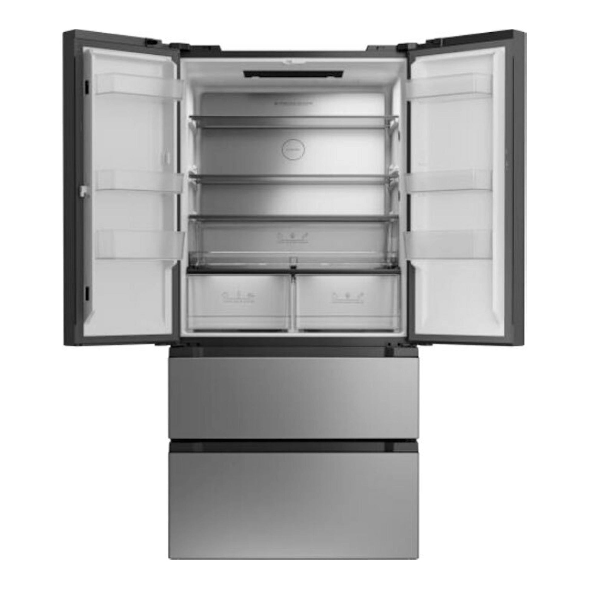 Frigorífico americano Teka RFD77825 Inox, vista frontal con puertas abiertas y cajones inferiores en inox.