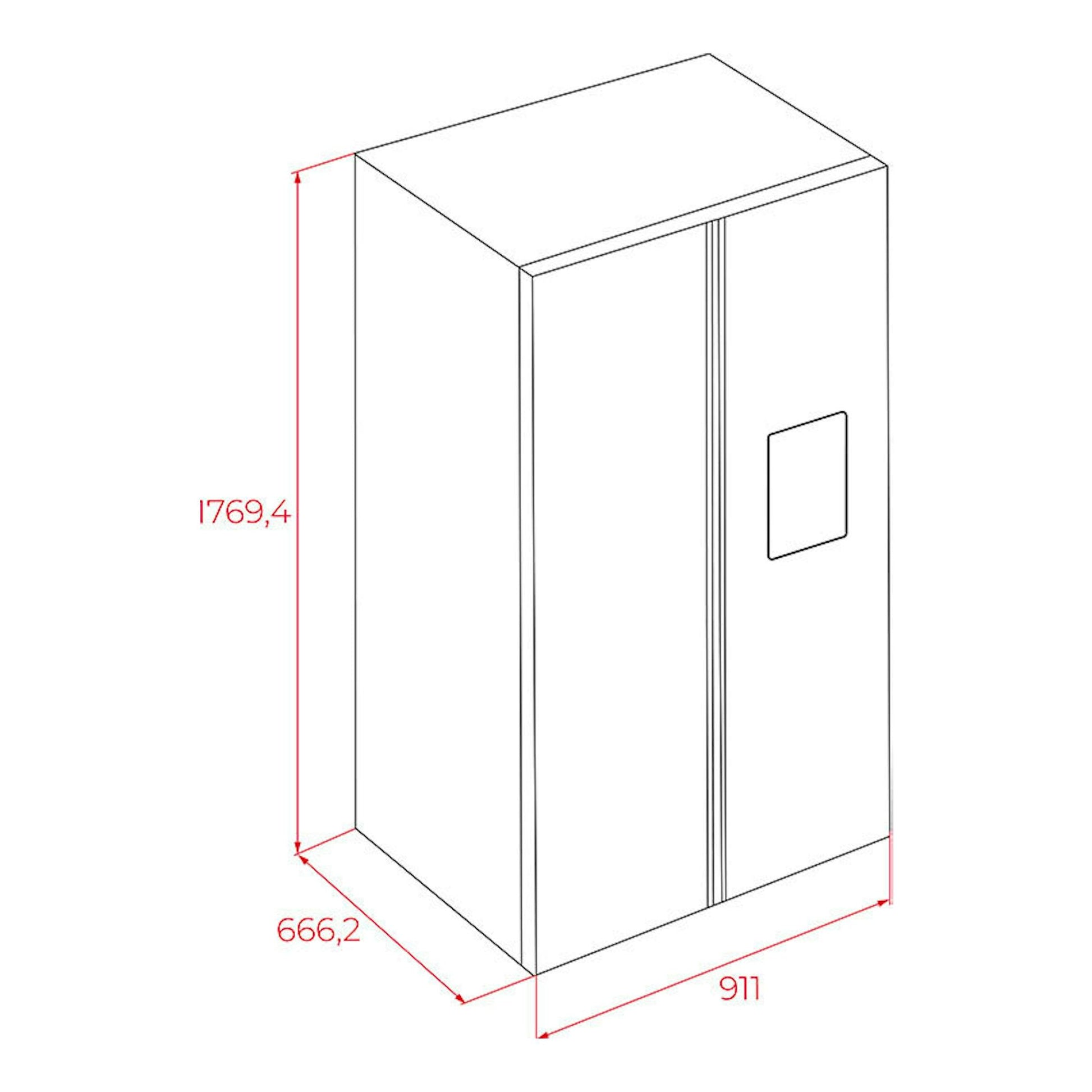 Dibujo técnico en perspectiva frontal de frigorífico americano Teka RLF74930SS inox, con medidas.