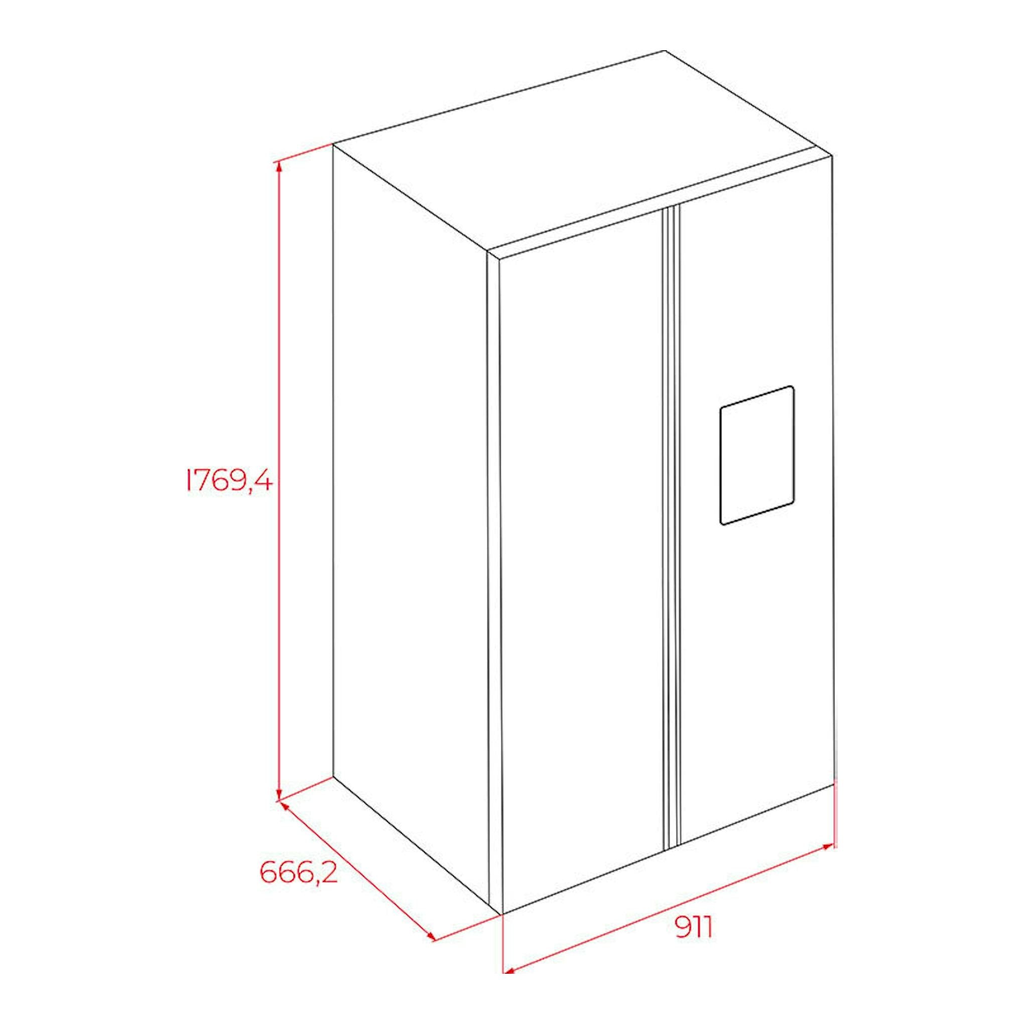 Dibujo técnico en perspectiva frontal de frigorífico americano Teka RLF74930SS inox, con medidas.