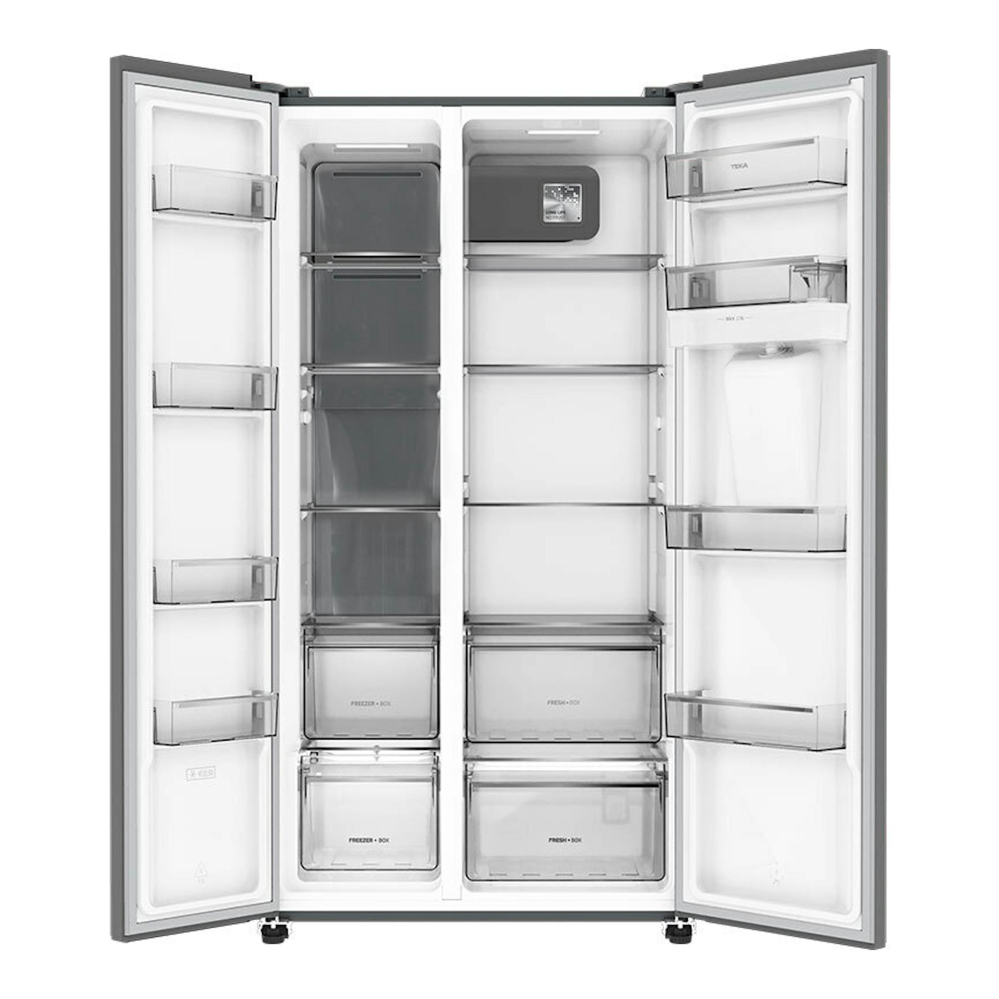Frigorífico americano Teka RLF74930SS inox, frontal abierto con compartimentos y cajones visibles.