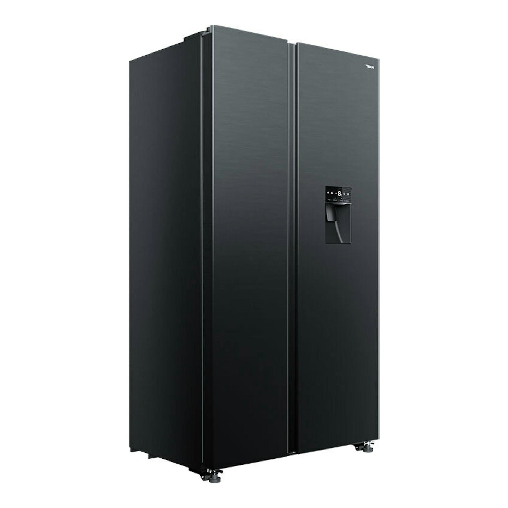 Frigorífico americano Teka RLF74930SS negro, vista frontal en ángulo, con dispensador en la puerta derecha.