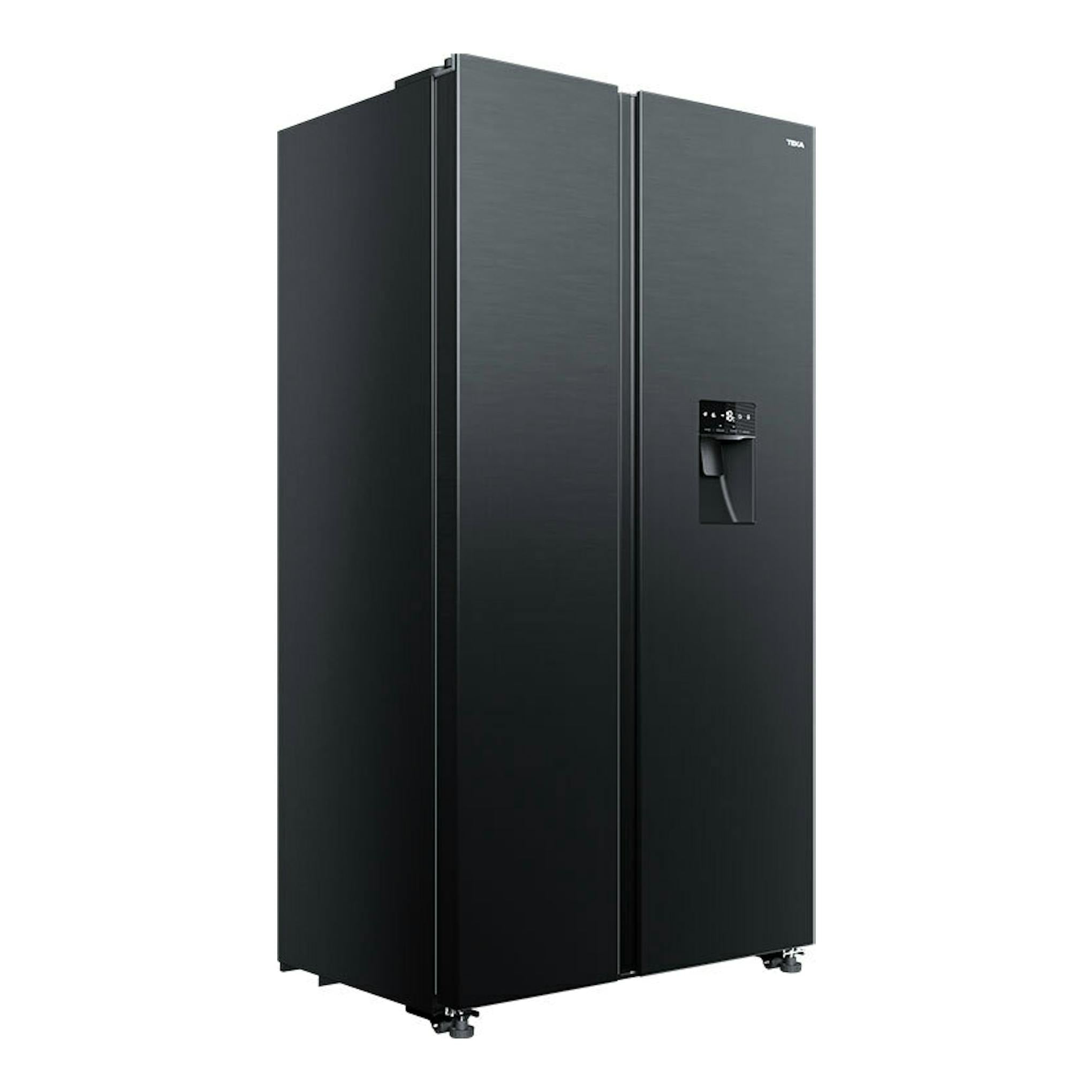 Frigorífico americano Teka RLF74930SS negro, vista frontal en ángulo, con dispensador en la puerta derecha.