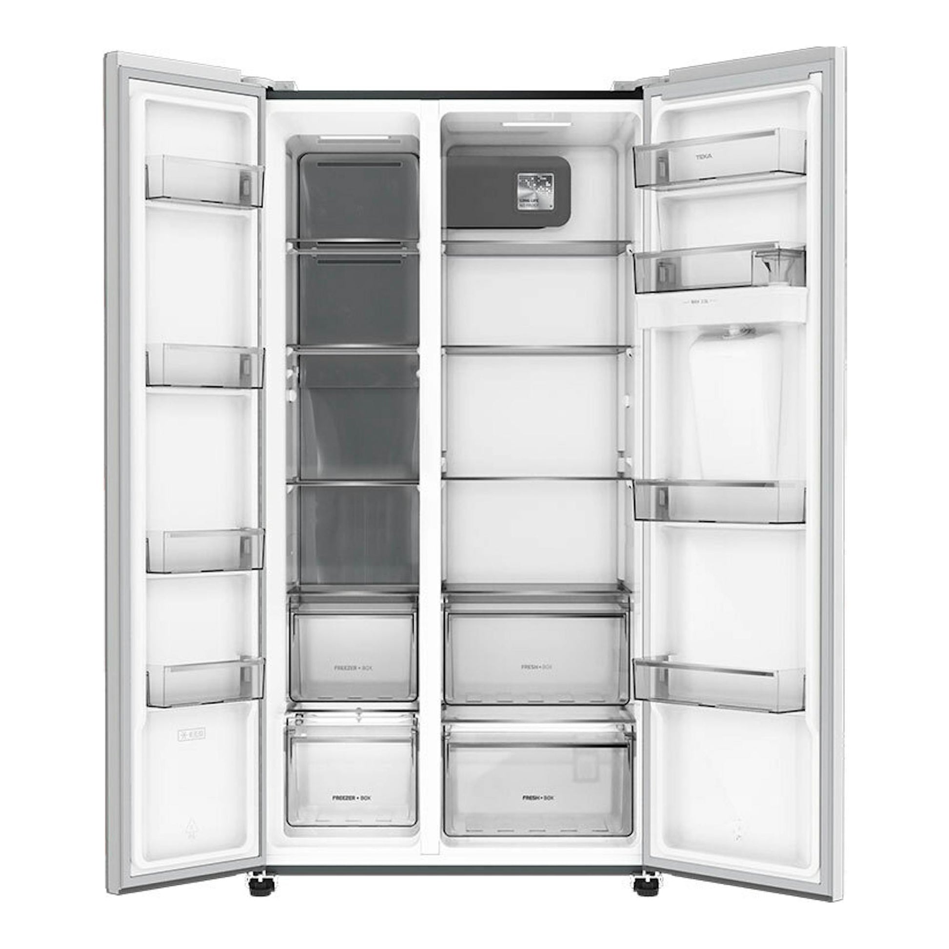 Frigorífico americano Teka RLF74930WH blanco, puertas abiertas, vista frontal del interior.