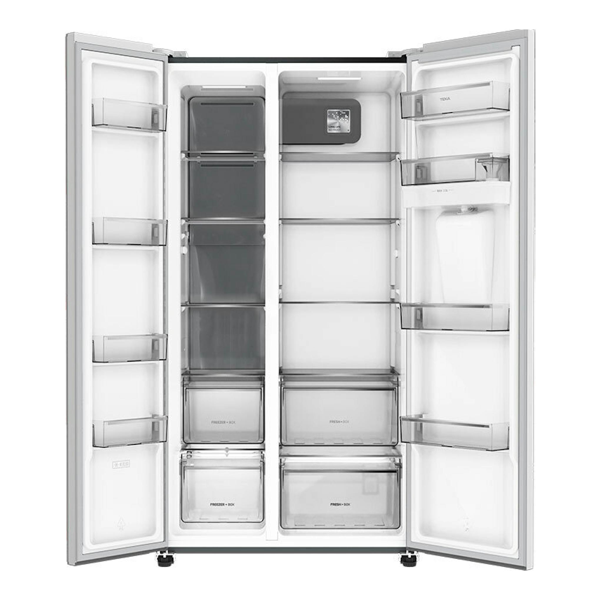 Frigorífico americano Teka RLF74930WH blanco, puertas abiertas, vista frontal del interior.
