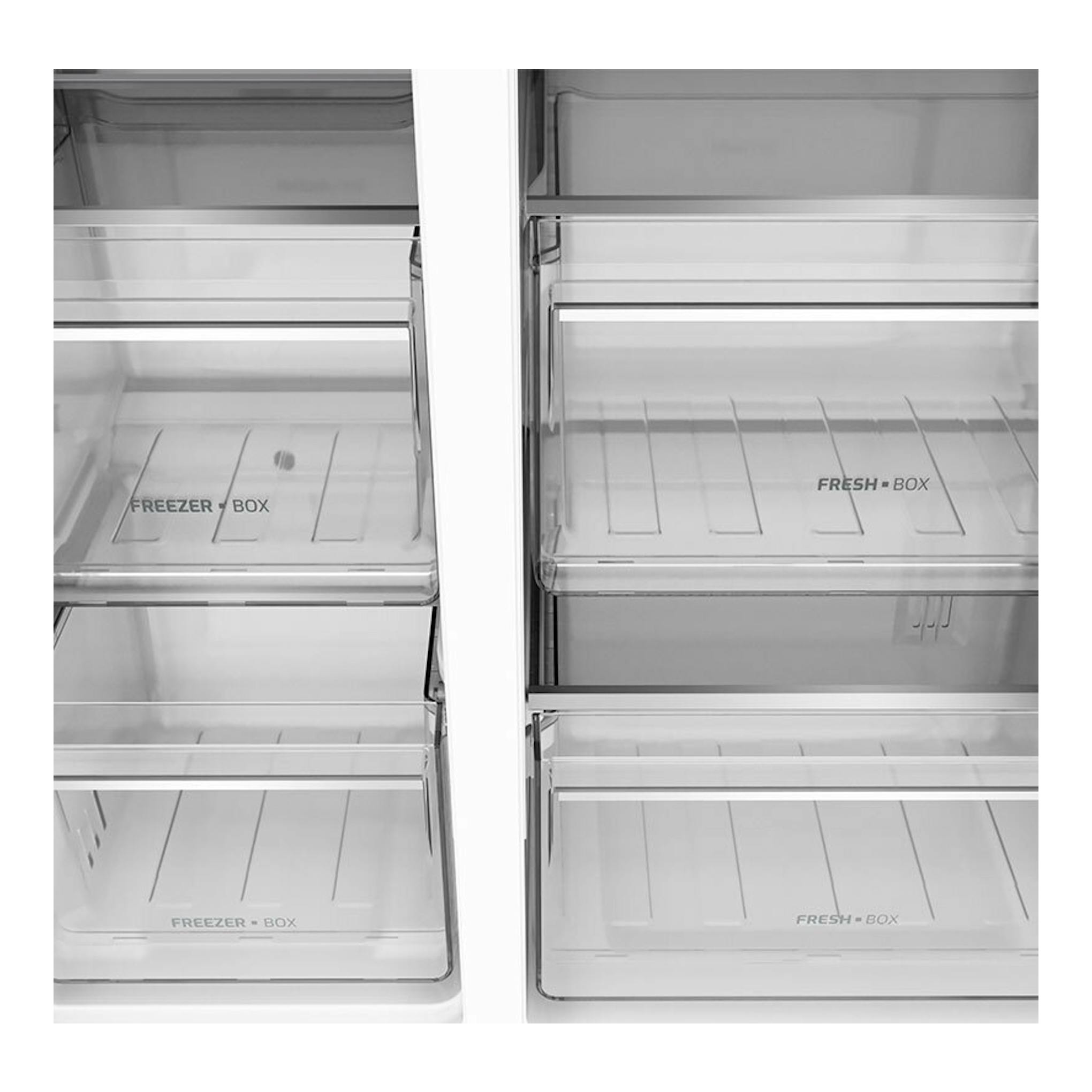 Frigorífico americano Teka RLF74930WH blanco, vista frontal del interior con cajones transparentes Freezer Box y Fresh Box.