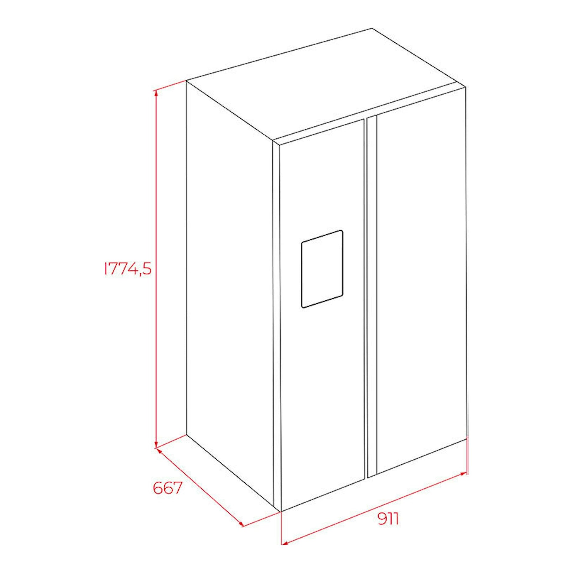 Frigorífico americano Teka RLF74960SSEU inox, dibujo técnico en vista isométrica con medidas 1774,5 x 667 x 911 mm.