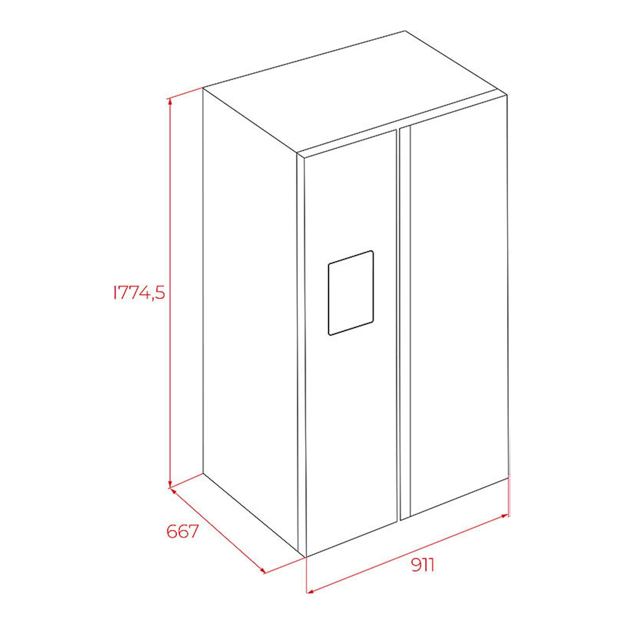 Frigorífico americano Teka RLF74960SSEU inox, dibujo técnico en vista isométrica con medidas 1774,5 x 667 x 911 mm.