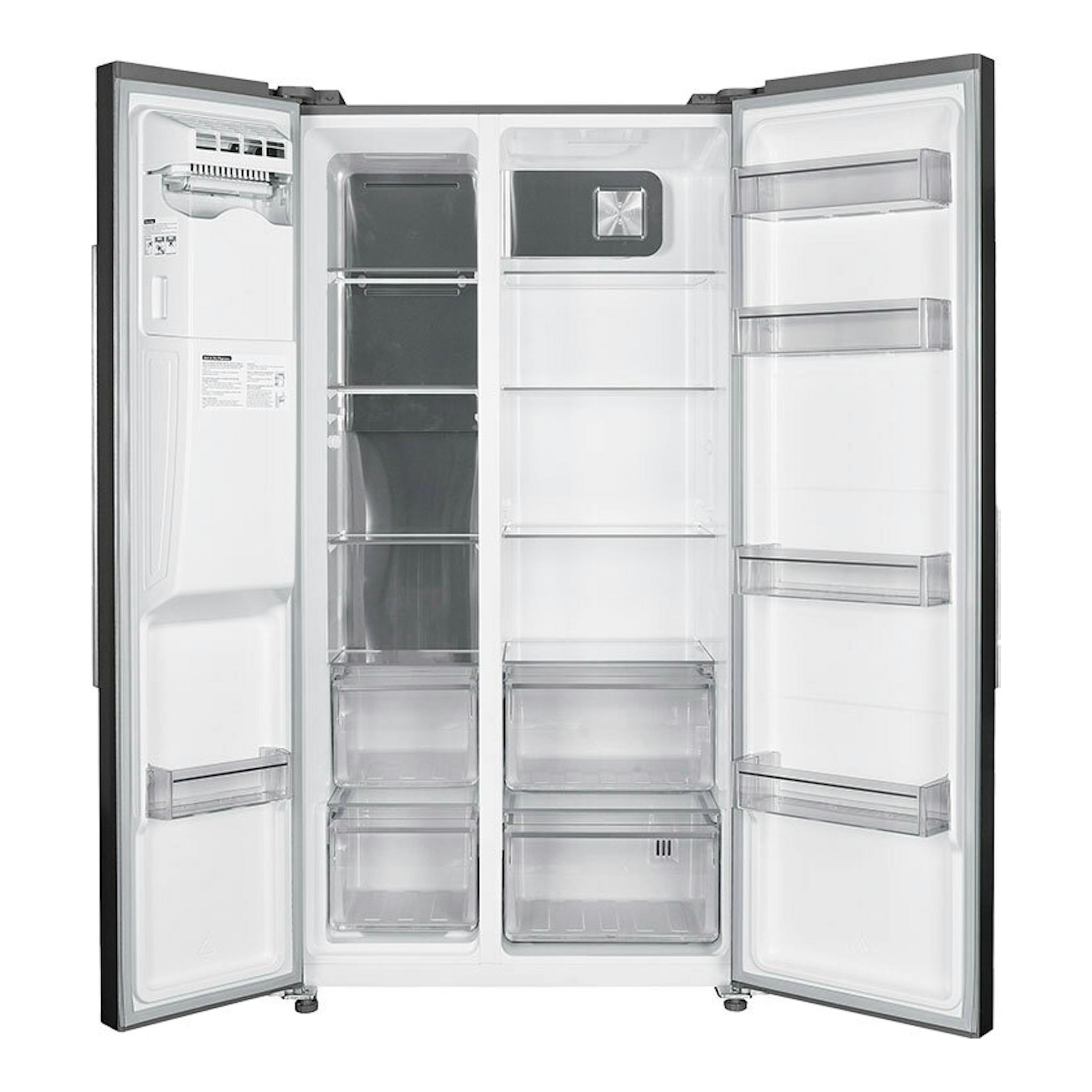 Frigorífico americano Teka RLF74960SSEU inox, vista frontal con puertas abiertas y compartimentos interiores.