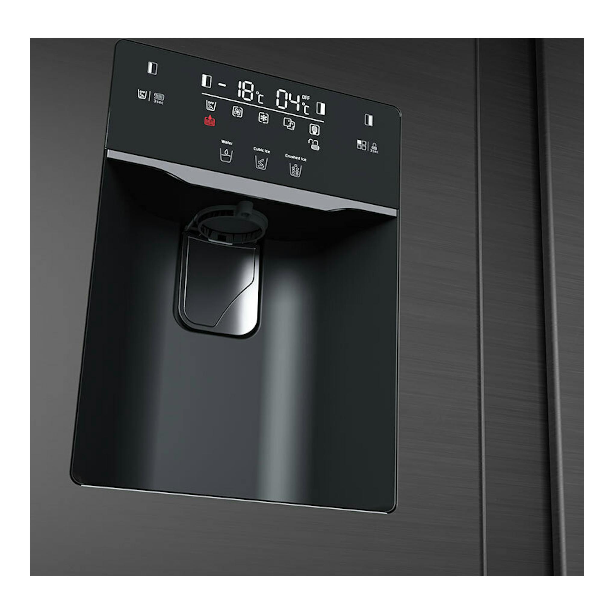 Frigorífico americano Teka RLF74960SSEU inox, vista frontal parcial del dispensador y panel táctil negro.