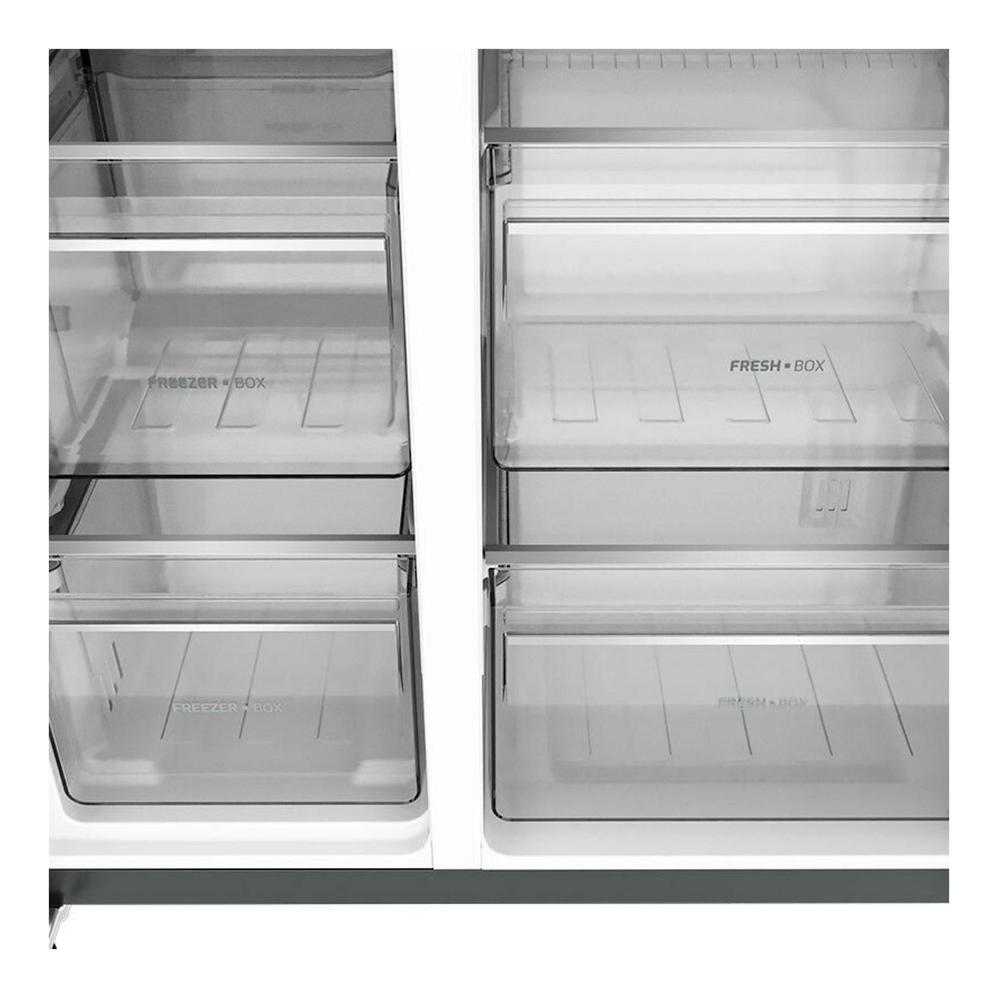 Vista frontal del interior de un frigorífico americano Teka RLF74960SSEU inox, con cajones Freezer Box y Fresh Box.