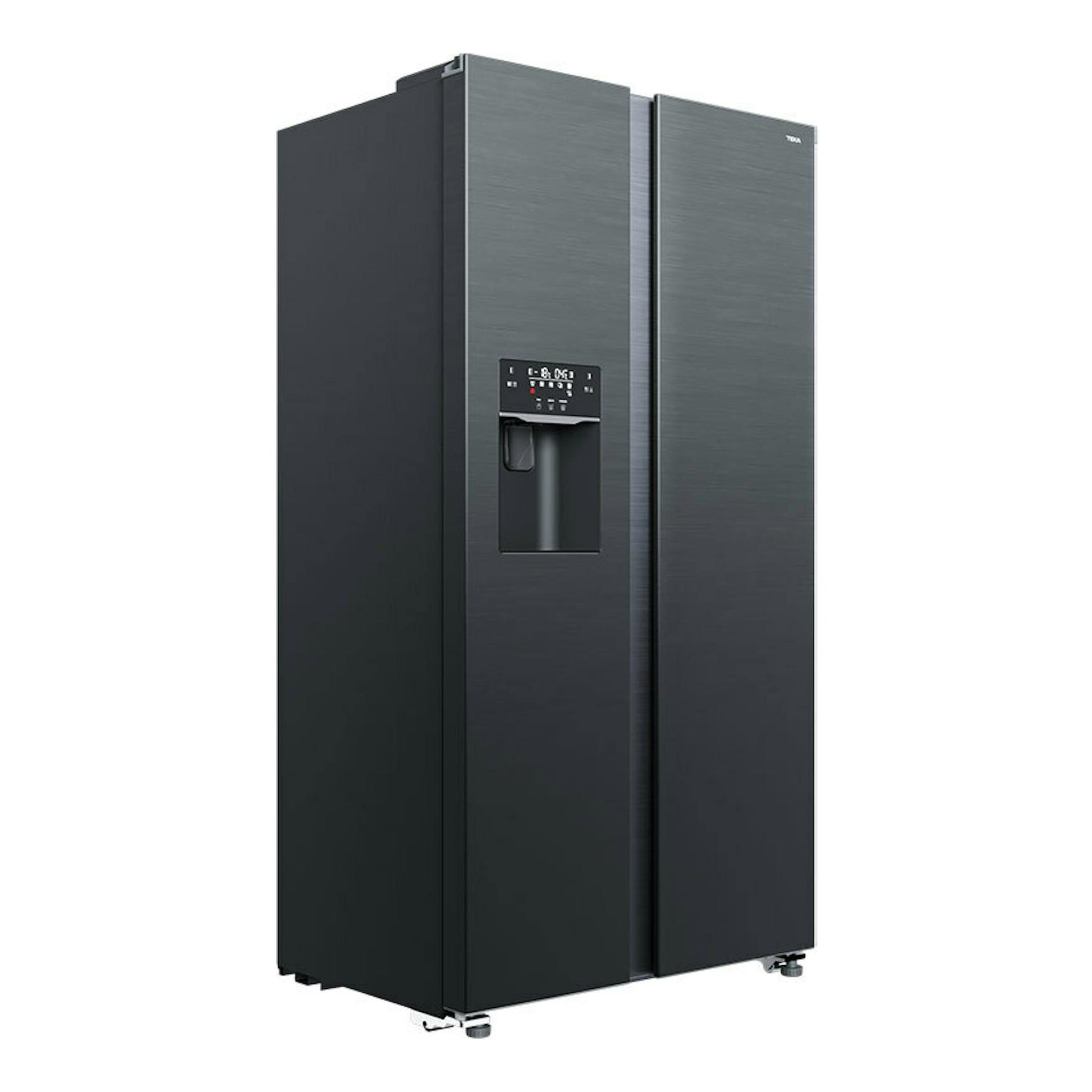 Frigorífico americano Teka RLF74960SSEU en inox oscuro, vista frontal en ángulo, con dispensador de agua.