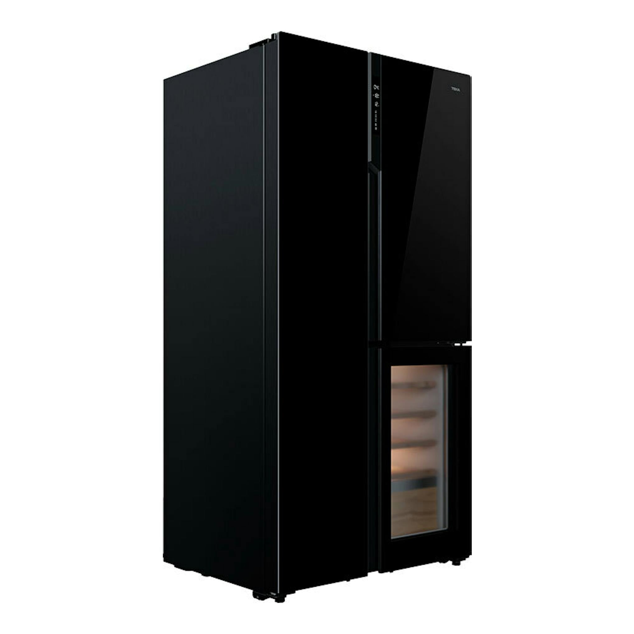 Frigorífico americano Teka RLF85950 de cristal negro, vista frontal en ángulo, con puerta y panel táctil.