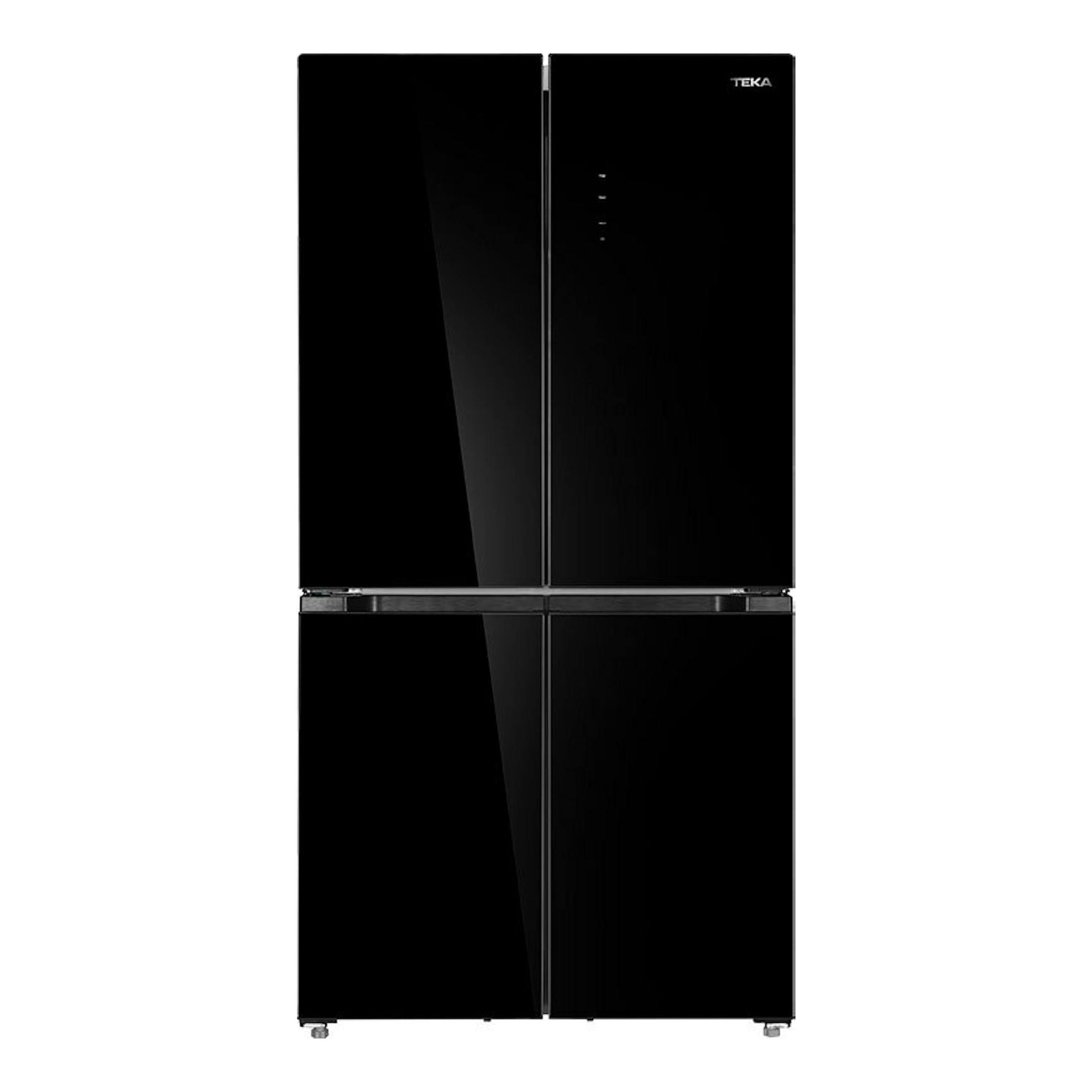 Frigorífico americano Teka RMF75820 de cristal negro, vista frontal, con cuatro puertas.