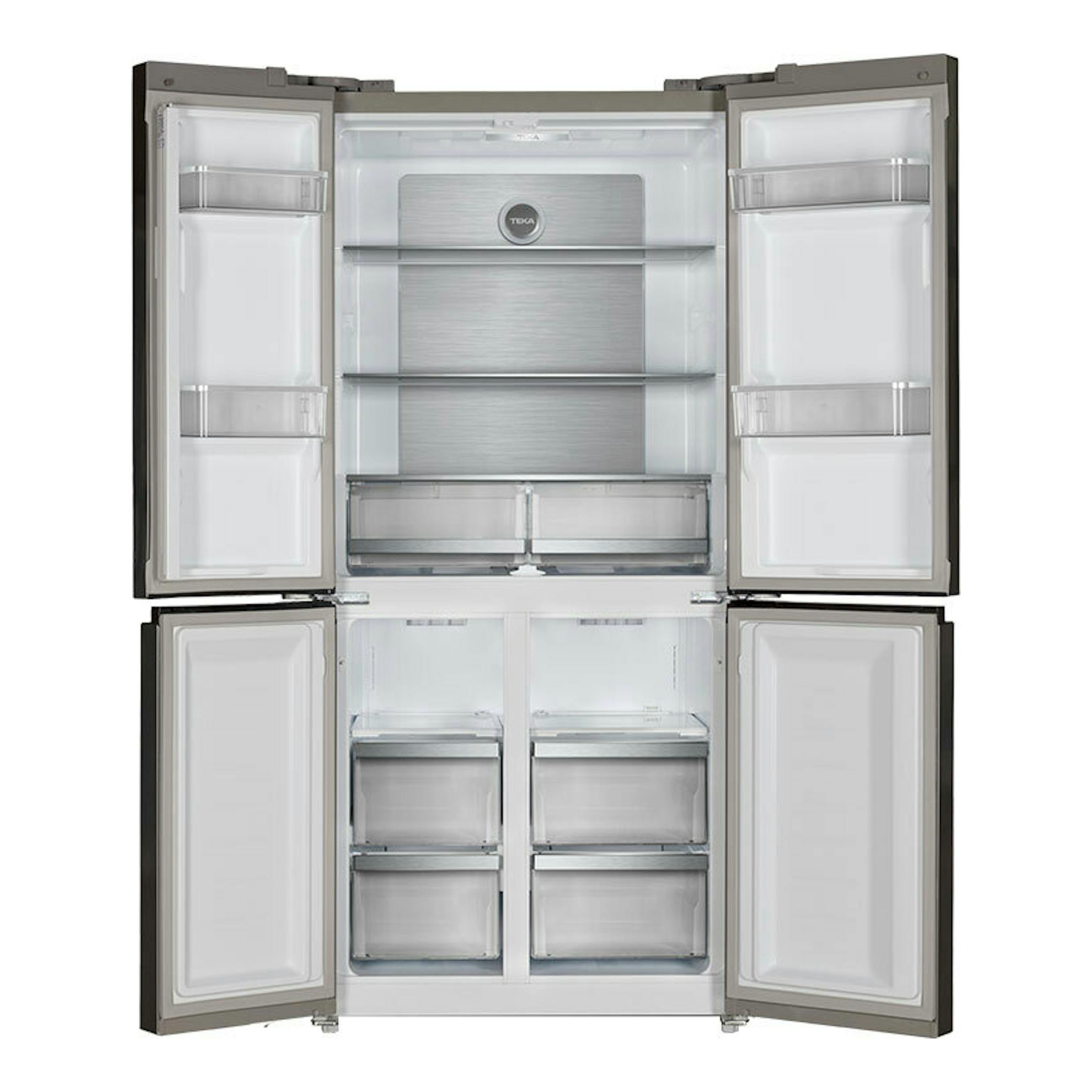 Frigorífico americano Teka RMF75820 cristal negro, vista frontal con las cuatro puertas abiertas.