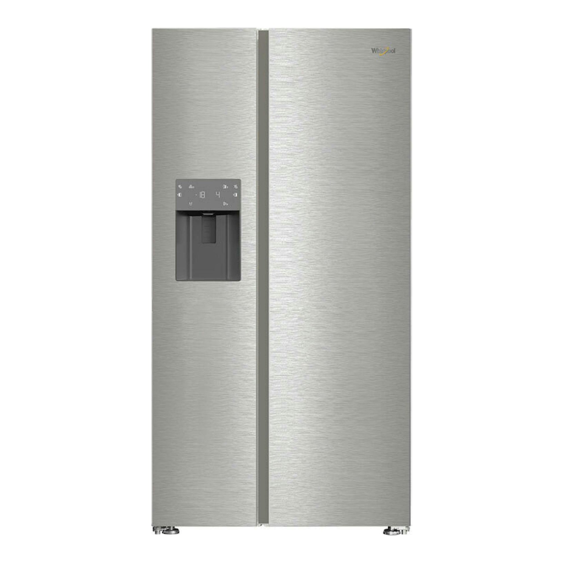 Frigorífico americano Whirlpool WHG26574WX5E inox, vista frontal, con dispensador en la puerta izquierda.