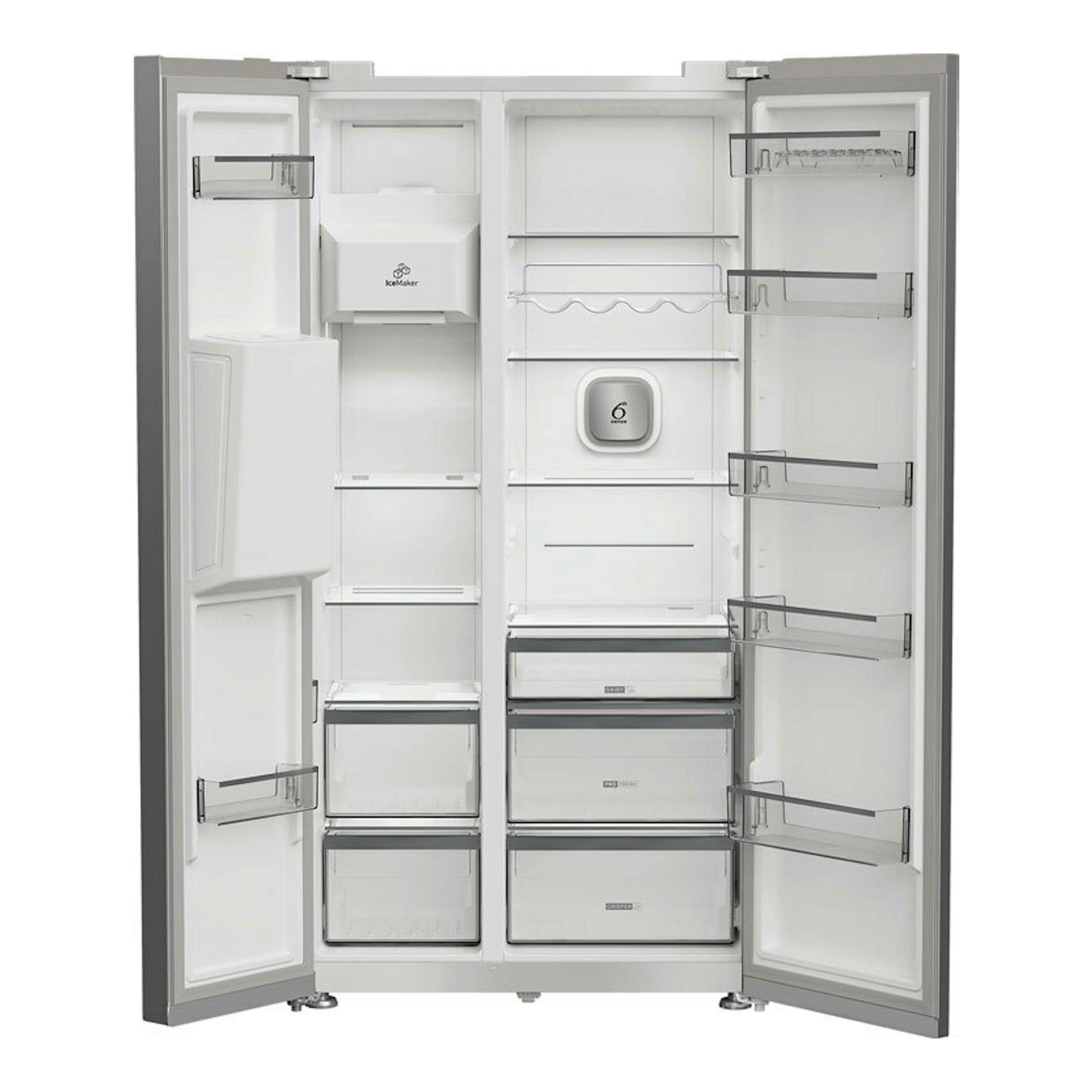 Frigorífico americano Whirlpool WHG26574WX5E inox, vista frontal con puertas abiertas e interior visible.