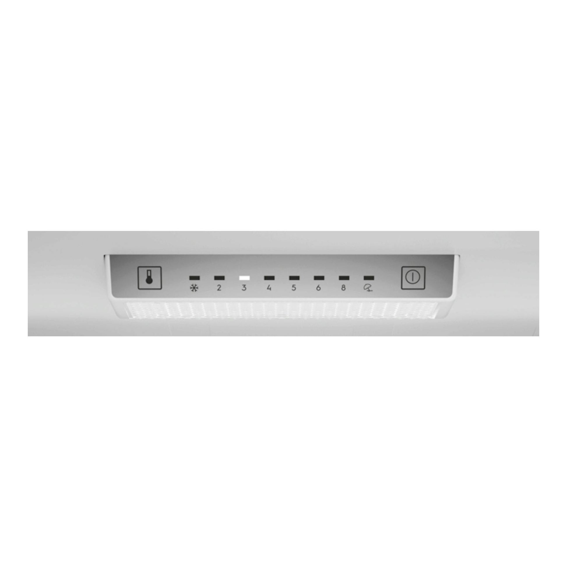 Primer plano del panel interior de un frigorífico combi Electrolux LNB6MD30U0, blanco, con controles de temperatura.