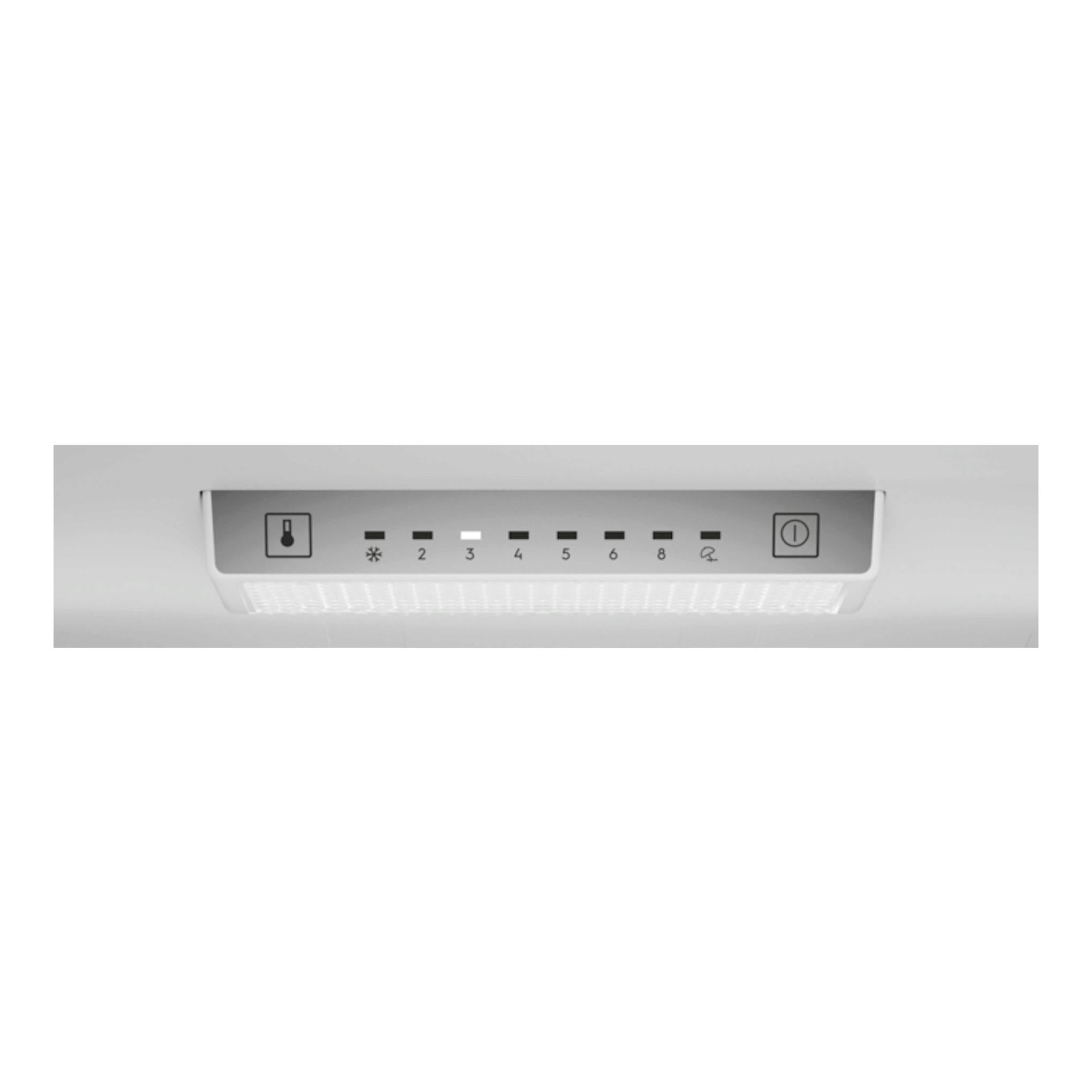 Primer plano del panel interior de un frigorífico combi Electrolux LNB6MD30U0, blanco, con controles de temperatura.