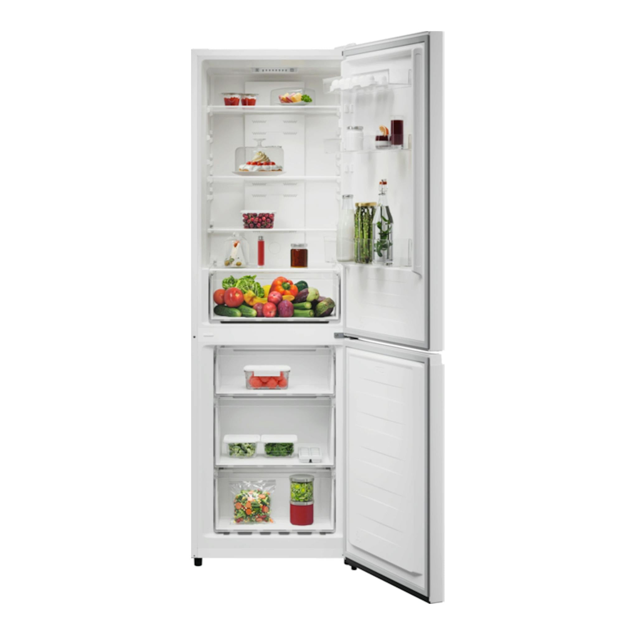 Frigorífico combi AEG ORC6M301DW blanco, vista frontal con puertas abiertas y compartimentos interiores visibles.