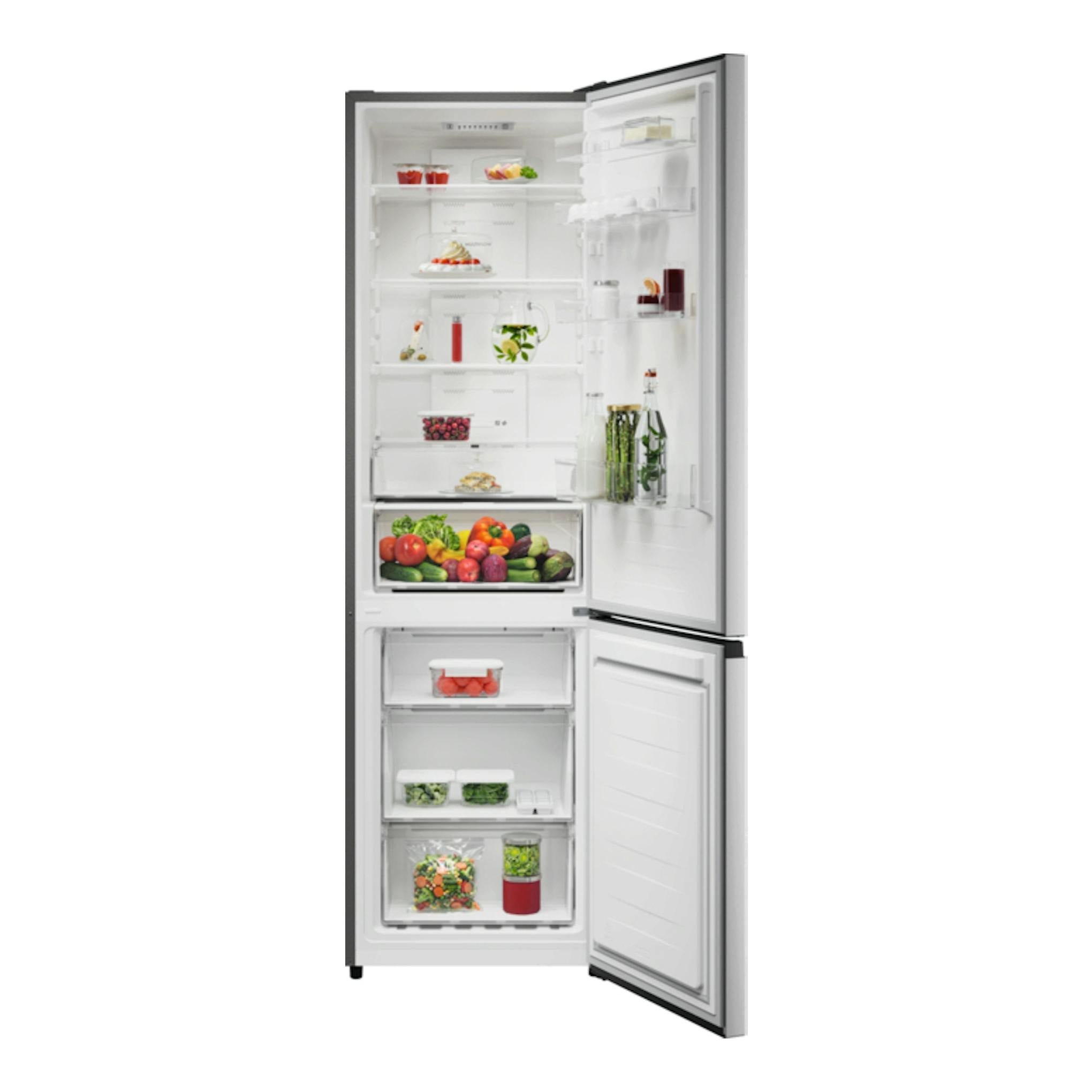 Frigorífico combi AEG ORC6M341CV en inox, vista frontal con puertas abiertas y compartimentos interiores.