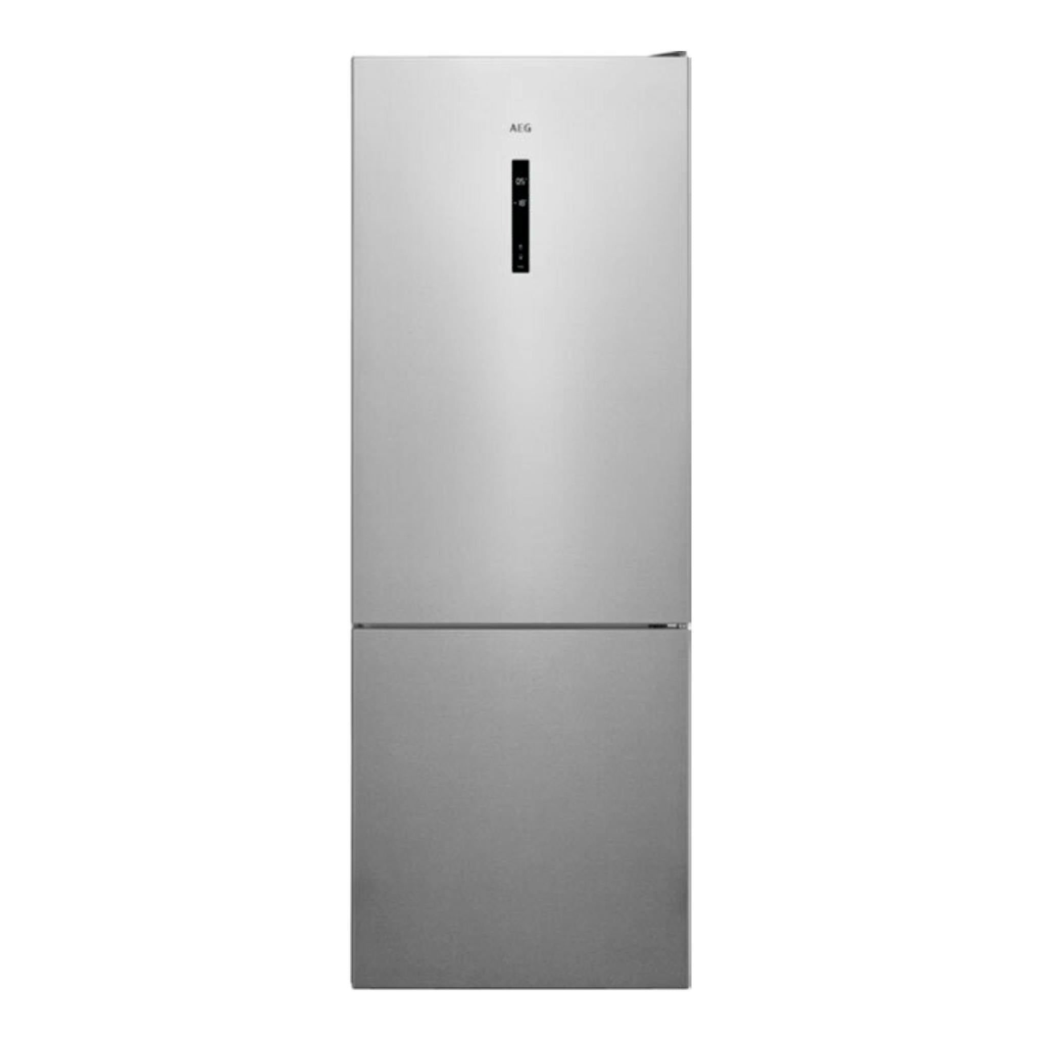 Frigorífico combi AEG ORC6M481EX inox, vista frontal, acabado plateado, con panel de control vertical.
