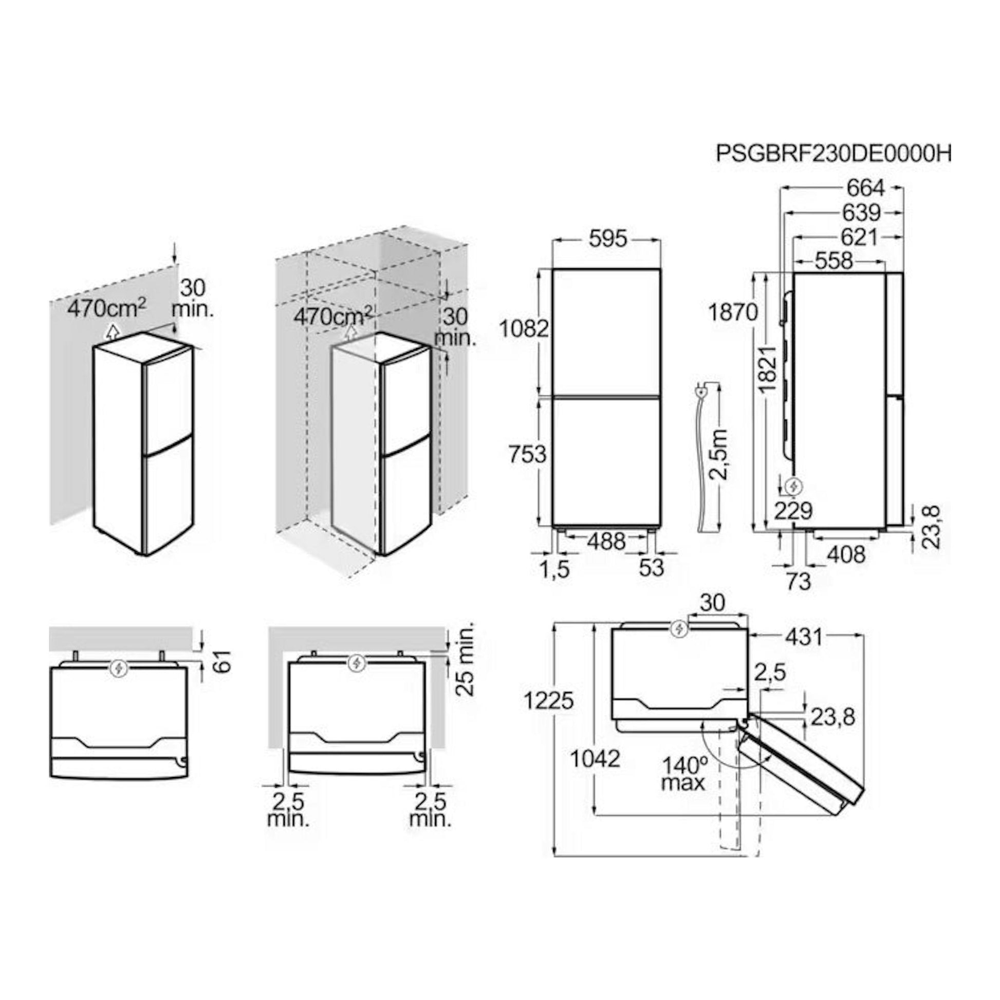 Frigorífico combi AEG ORC6N321DS inox, plano técnico con vistas y medidas de instalación.